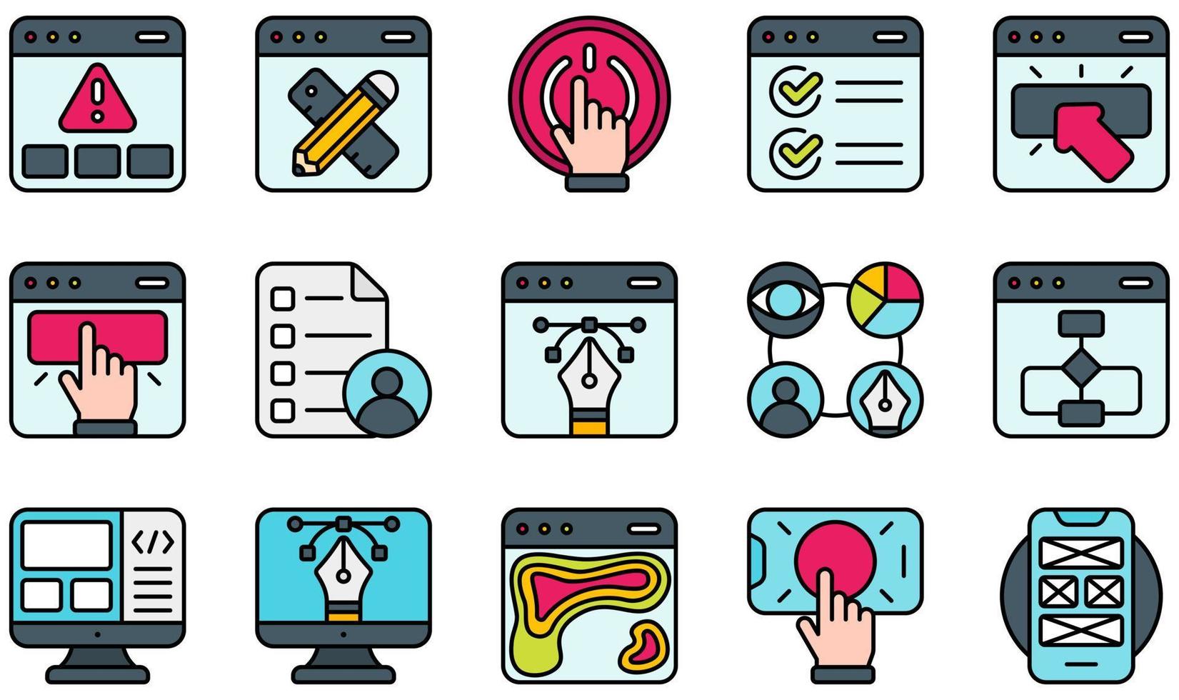 Set of Vector Icons Related to UX And UI. Contains such Icons as Alert, Checkbox, Click, Design, Flowchart, Interactive and more.