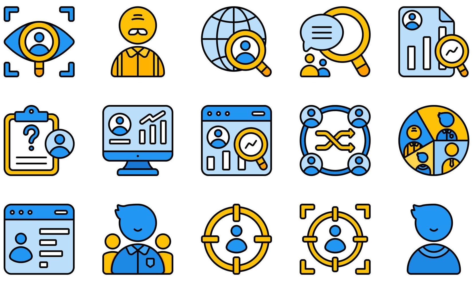 conjunto de iconos vectoriales relacionados con la investigación de mercado. contiene íconos como observación, encuesta en línea, cualitativa, cuantitativa, investigación, segmentación y más. vector