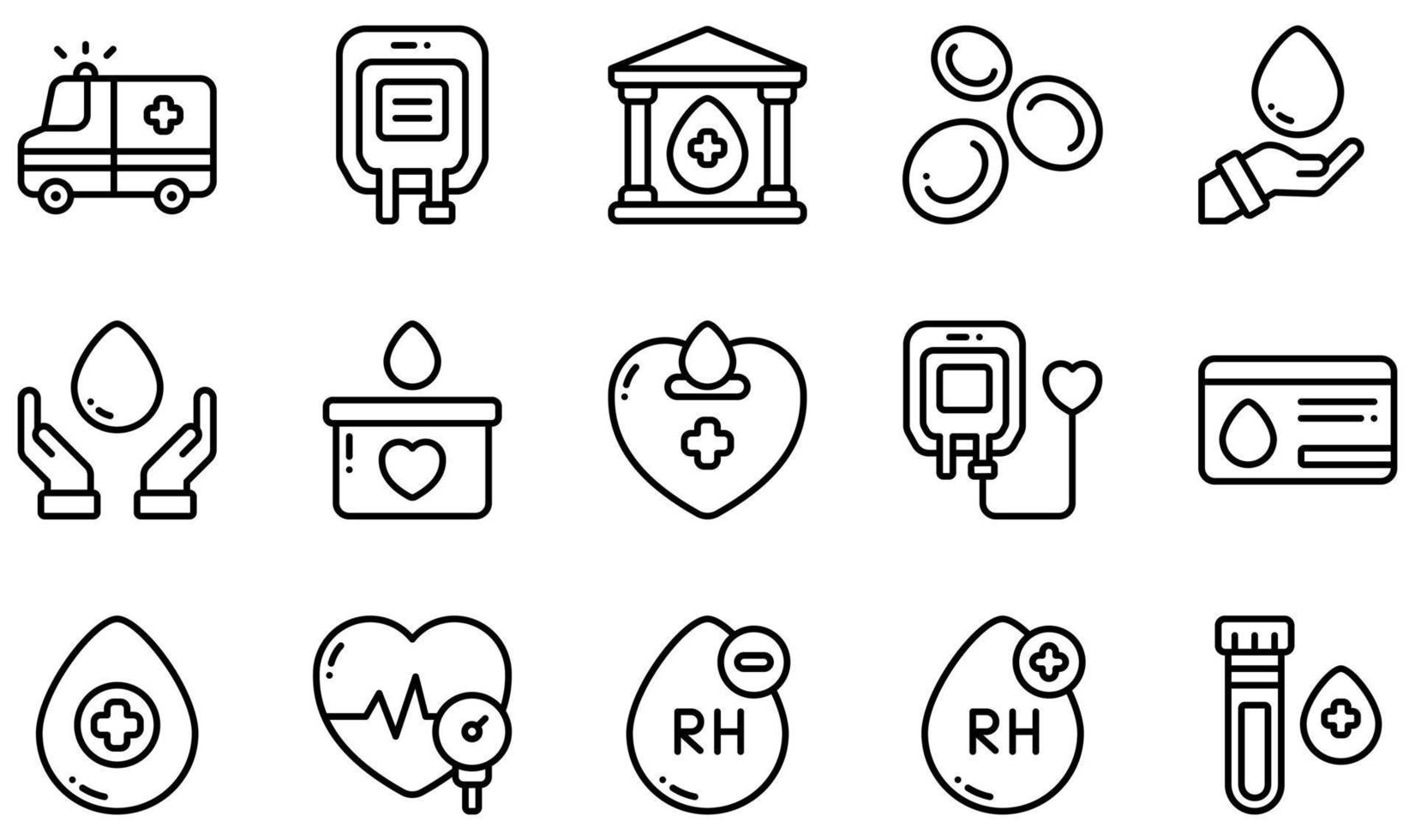 Set of Vector Icons Related to Blood Donation. Contains such Icons as Blood Bag, Blood Bank, Blood Donation, Blood Donor Card, Blood Drop, Blood Pressure and more.