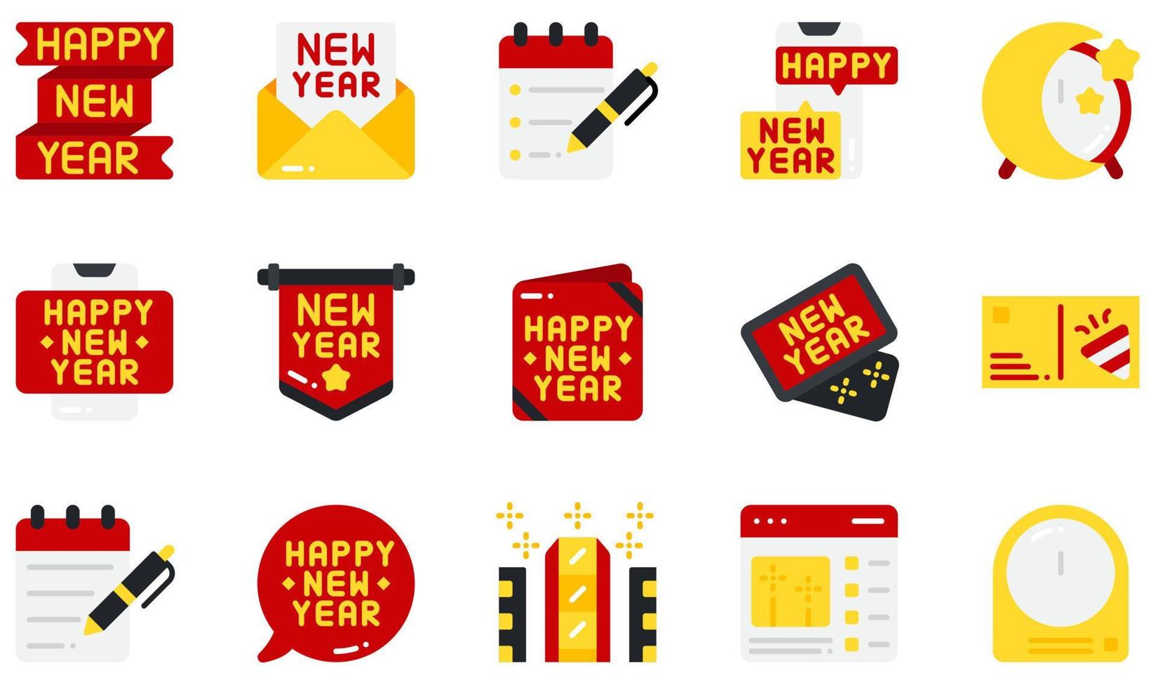 Set of Vector Icons Related to New Year. Contains such Icons as Happy New Year, Invitation, List, New Year, Postcard, Times Square and more.