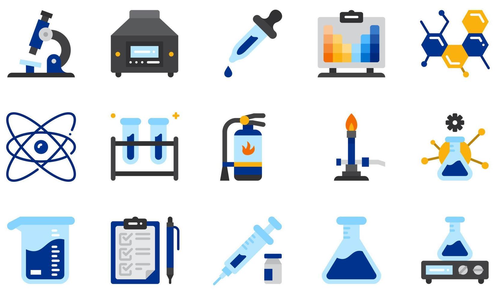 Set of Vector Icons Related to Chemistry Lab. Contains such Icons as Microscope, Centrifuge, Dropper, Molecular, Atom, Beaker and more.