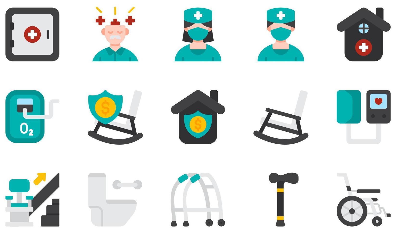 conjunto de iconos vectoriales relacionados con el hogar de ancianos. contiene íconos como salud mental, enfermera, hogar de ancianos, jubilación, mecedora, escalera y más. vector