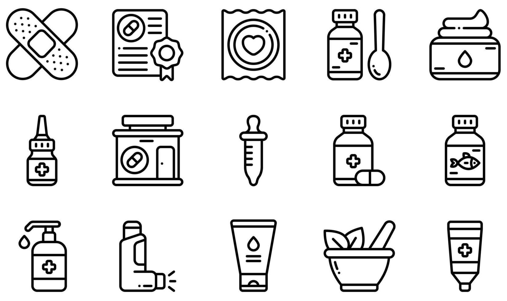 conjunto de iconos vectoriales relacionados con la farmacia. contiene íconos como curita, tos, crema, farmacia, aceite de pescado, inhalador y más. vector