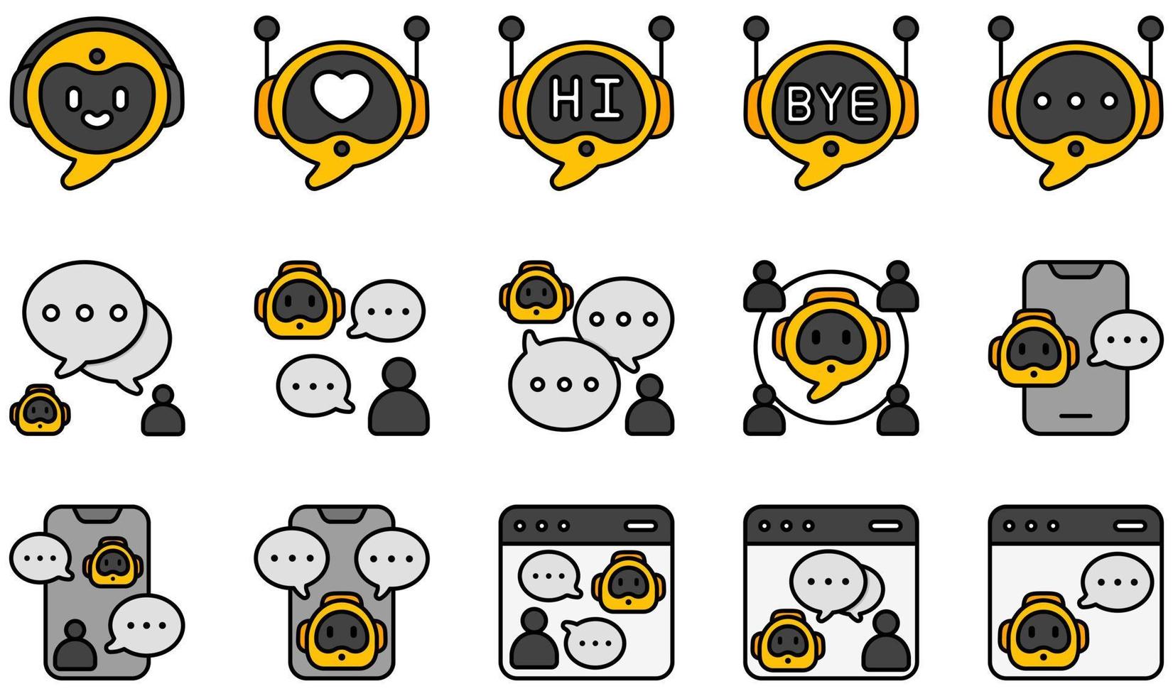 Set of Vector Icons Related to Chatbot. Contains such Icons as Bot, Robot, Chatbot, Chat, Message, Conversation and more.
