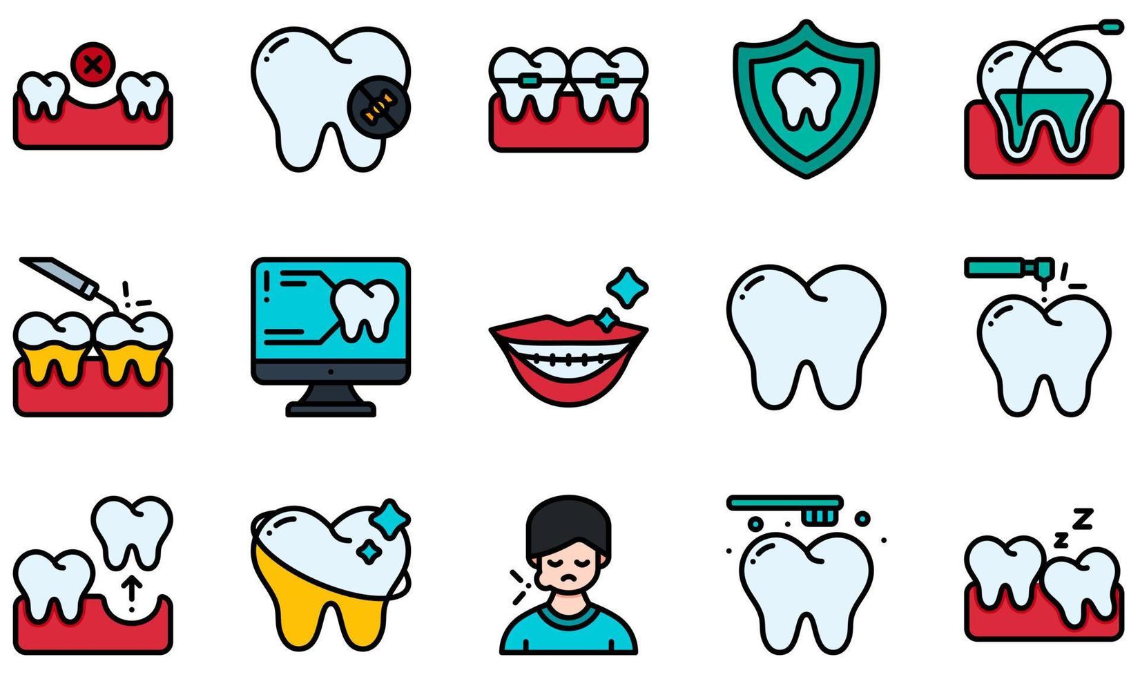 conjunto de iconos vectoriales relacionados con la odontología. contiene íconos como perdidos, sin dulce, ortodoncia, escalado, escaneo, diente y más. vector