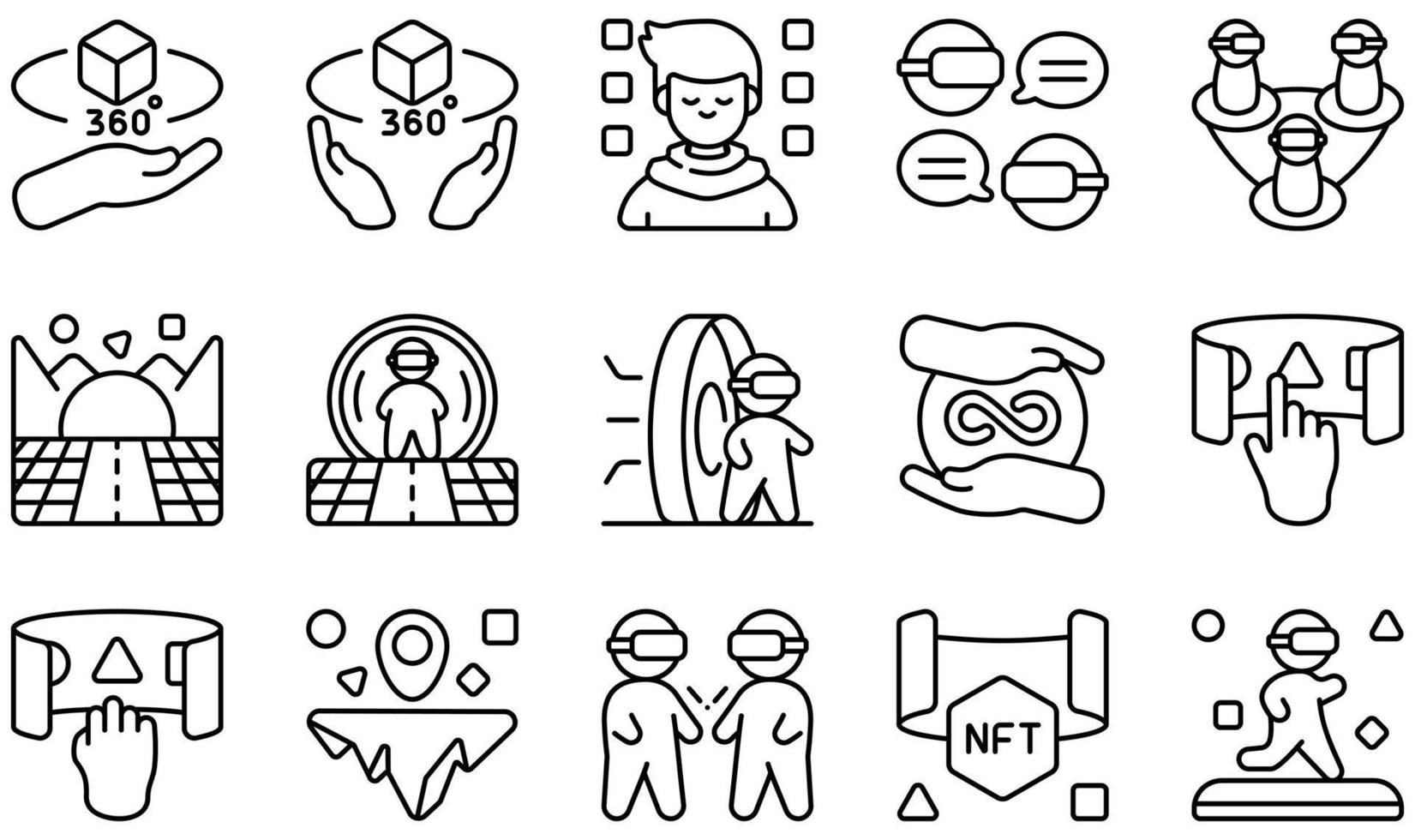 Set of Vector Icons Related to Metaverse. Contains such Icons as Communityd, Avatar, Community, Cyberspace, Infinity, Interaction and more.