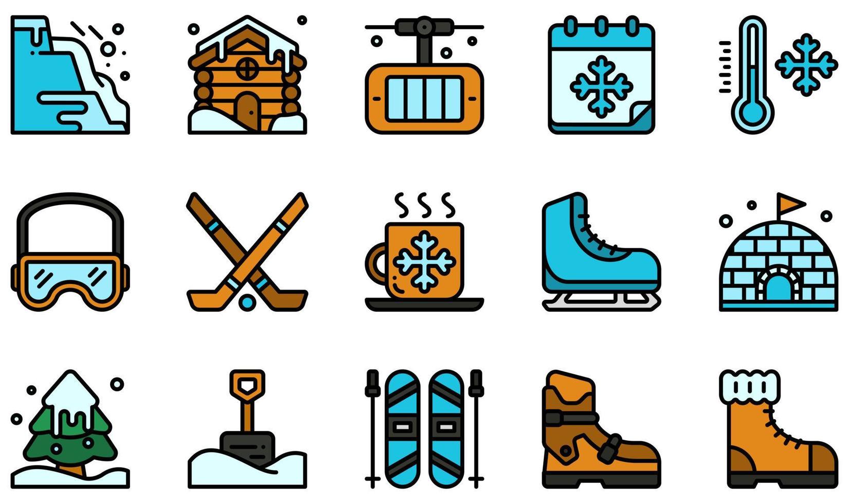 conjunto de iconos vectoriales relacionados con el invierno. contiene íconos como avalancha, cabina, hockey, patinaje sobre hielo, iglú, esquí y más. vector