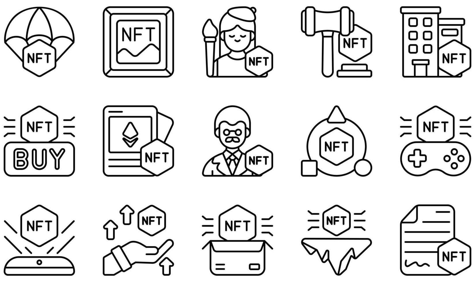 conjunto de iconos vectoriales relacionados con nft. contiene íconos como lanzamiento aéreo, arte, artista, subasta, compra, tarjeta y más. vector