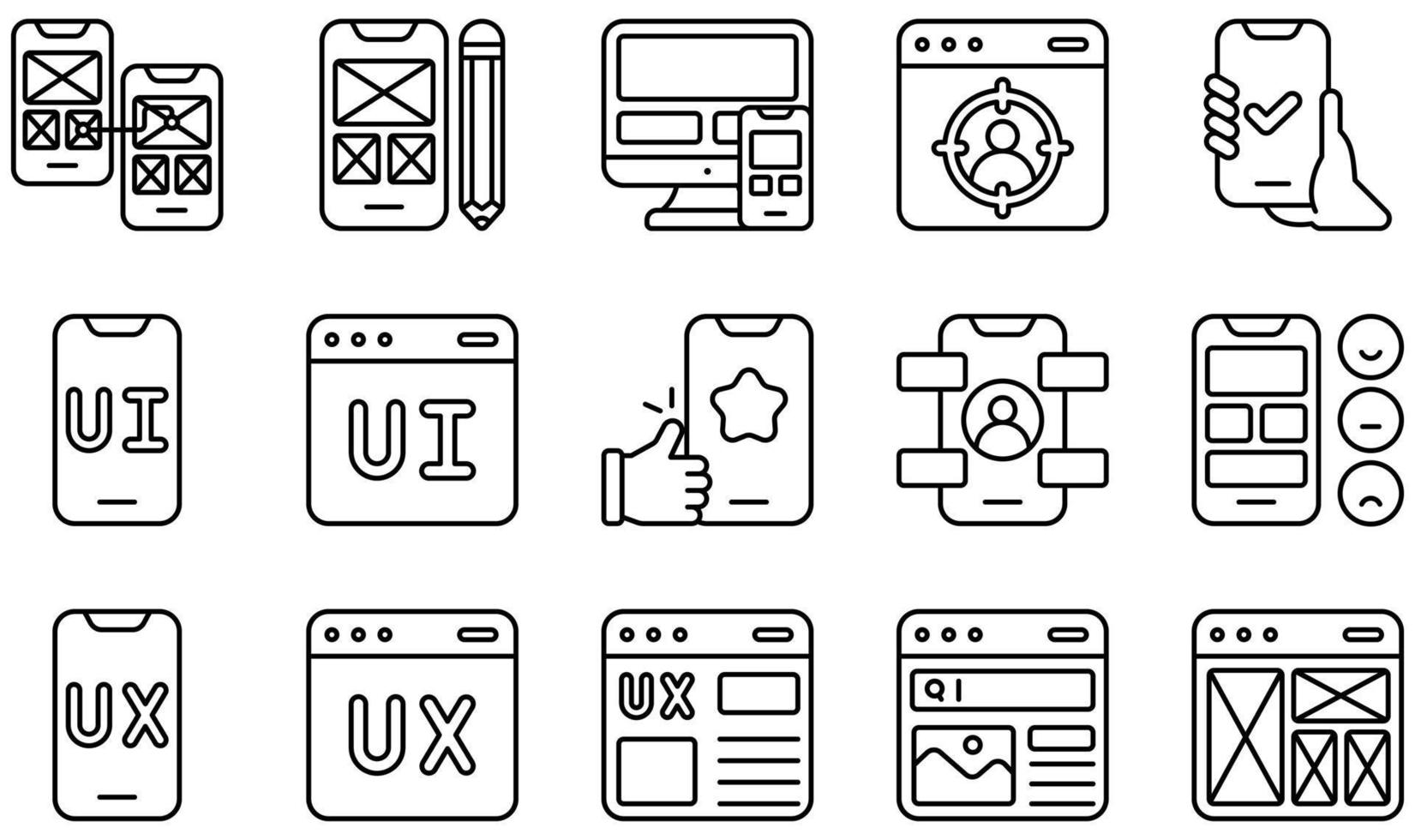 conjunto de iconos vectoriales relacionados con ux y ui. contiene íconos como navegación, prototipo, prueba, ui, ux, diseño web y más. vector