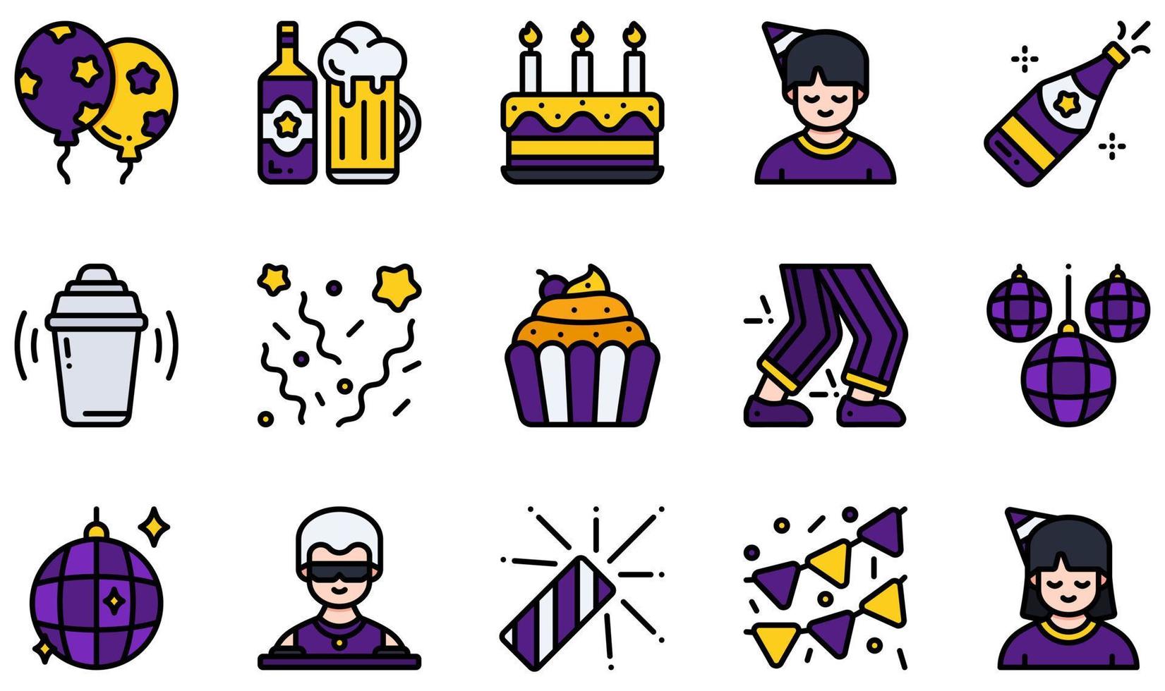 Set of Vector Icons Related to Party. Contains such Icons as Balloons, Birthday Cake, Champagne, Confetti, Disco, Garland and more.