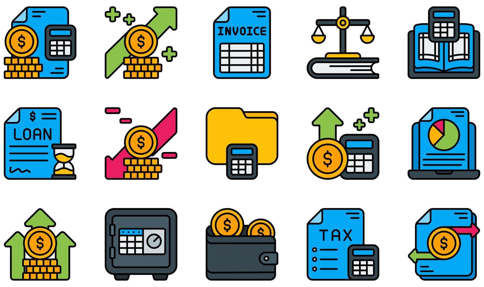 conjunto de iconos vectoriales relacionados con la contabilidad. contiene íconos como finanzas, ingresos, facturas, libro mayor, préstamo, ingresos y más. vector