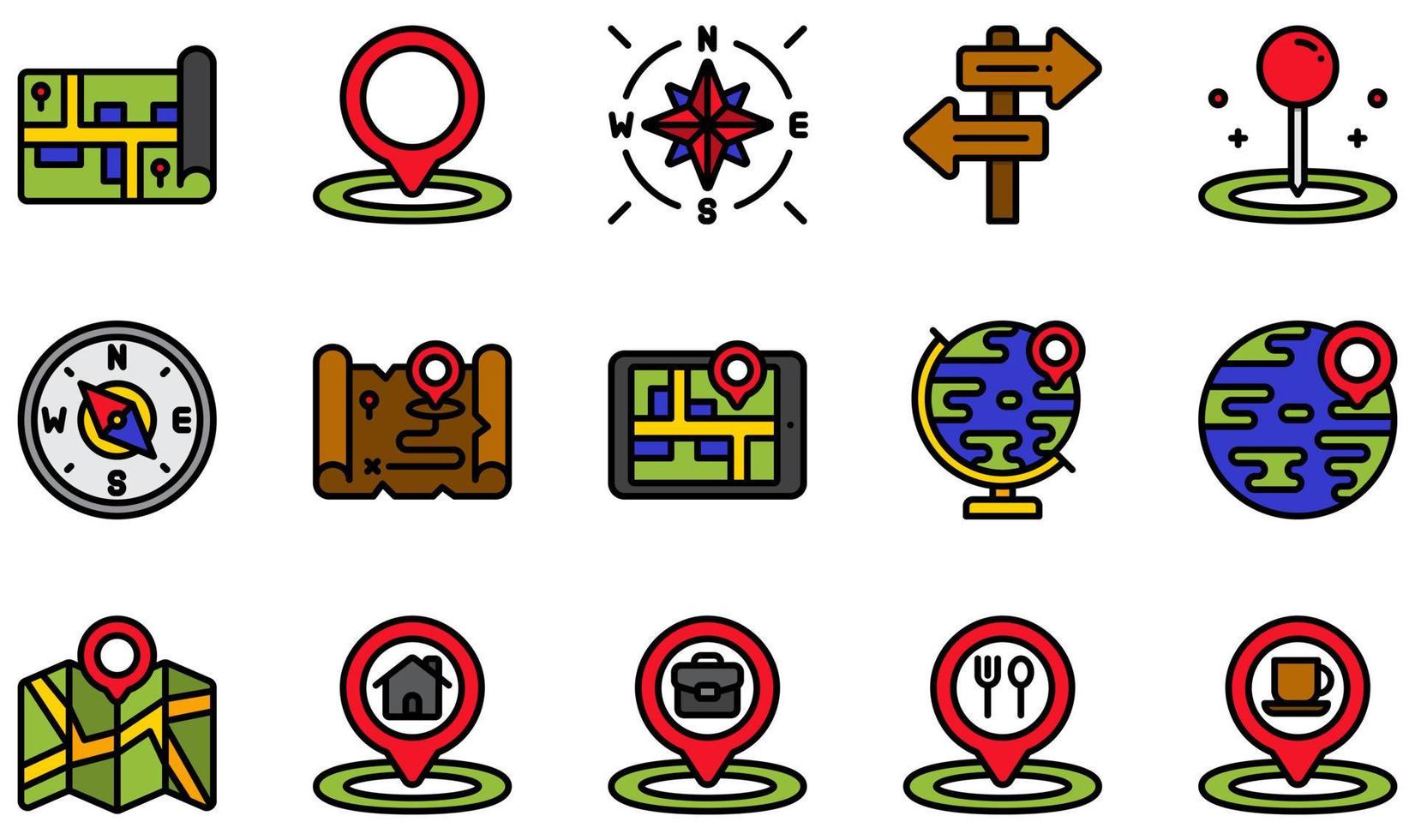 conjunto de iconos vectoriales relacionados con mapas y navegación. contiene íconos como mapa, marcador de posición, cardenal, dirección, navegación, ubicación y más. vector