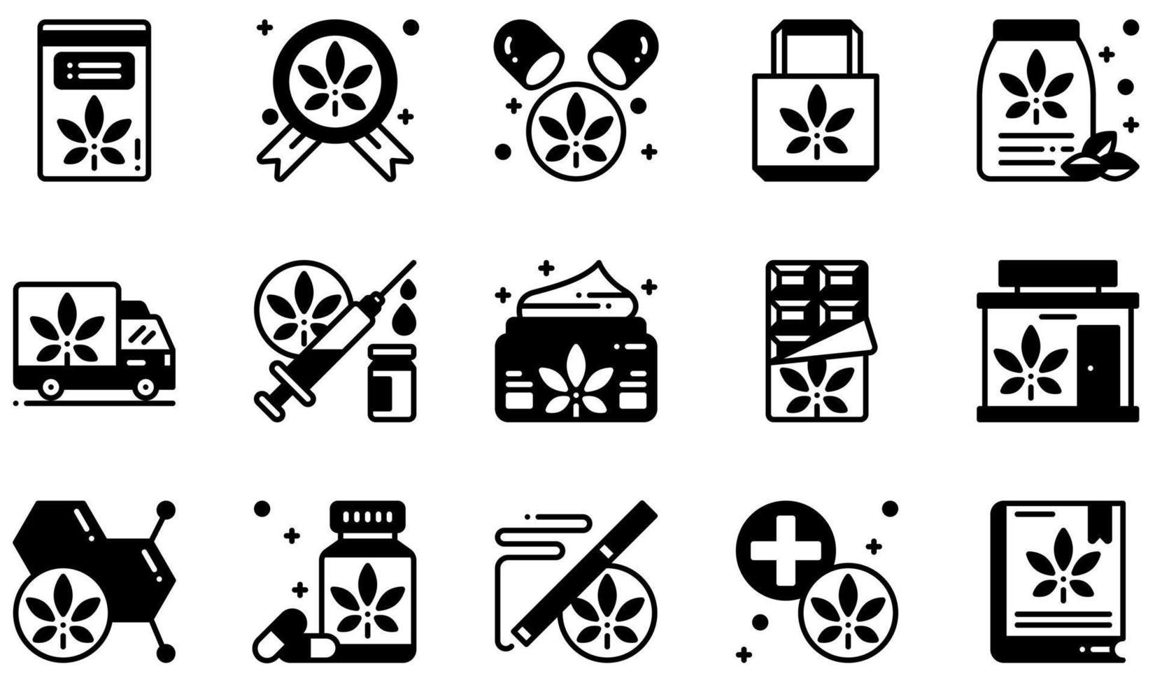Set of Vector Icons Related to Cannabis . Contains such Icons as Pills, Cbd Cream, Chocolate Bar, Store, Drugs, Marijuana and more.