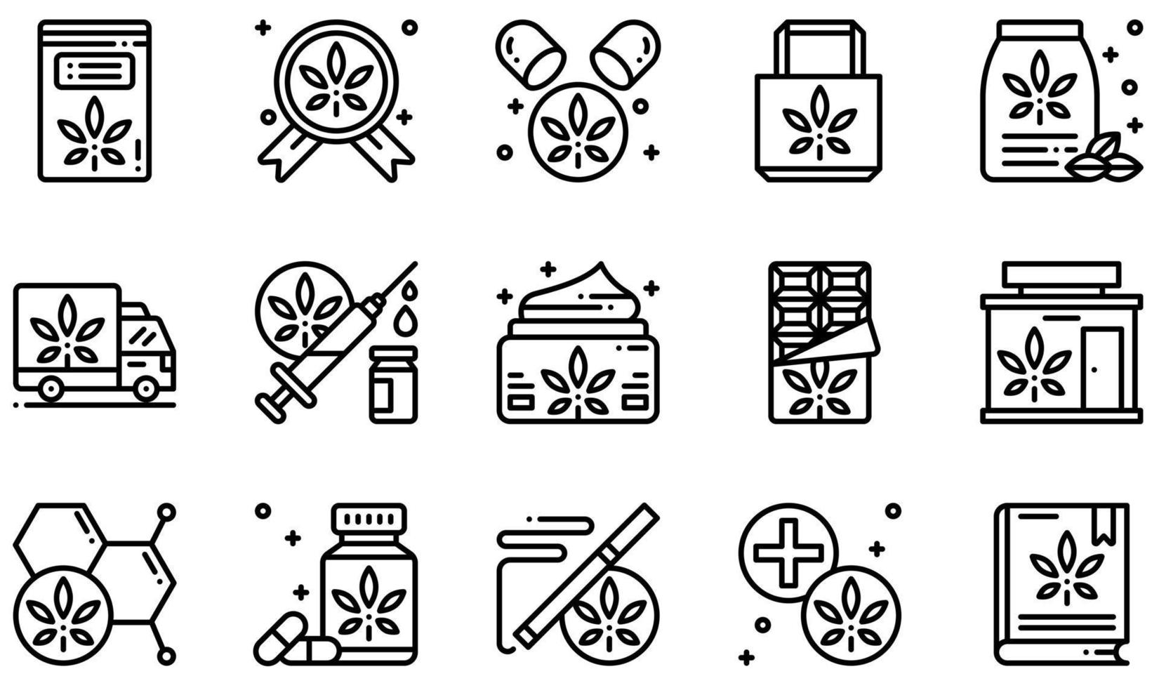 Set of Vector Icons Related to Cannabis . Contains such Icons as Pills, Cbd Cream, Chocolate Bar, Store, Drugs, Marijuana and more.