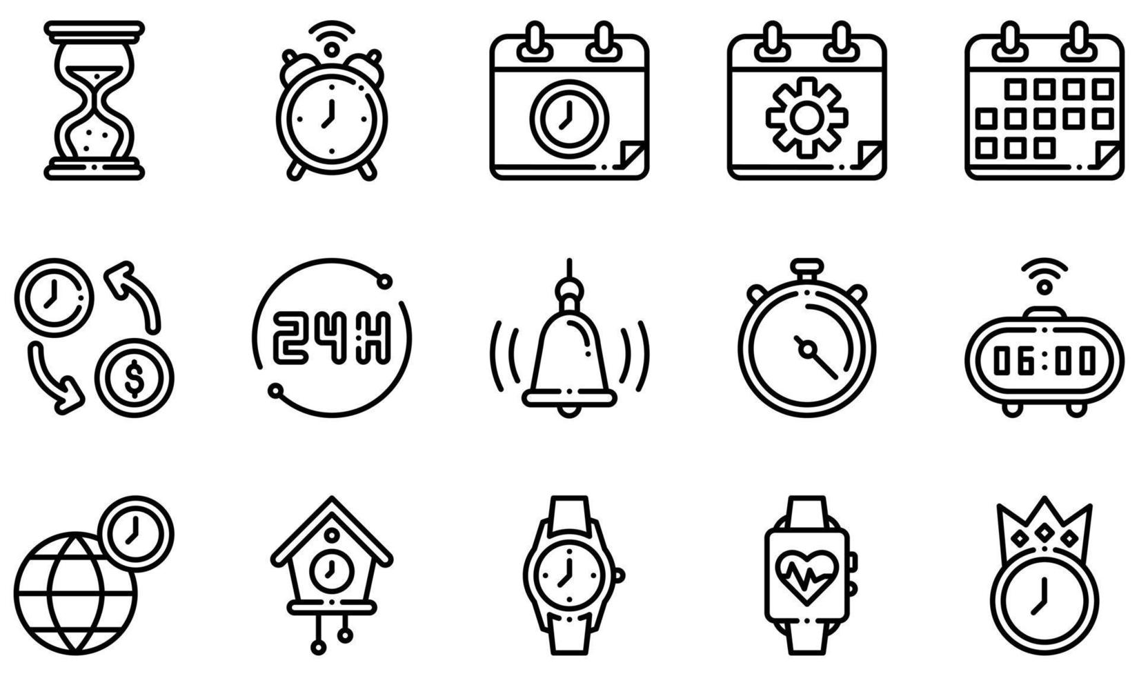 Set of Vector Icons Related to Time. Contains such Icons as Hourglass, Alarm Clock, Time Management, Calendar, Time Is Money, Stopwatch and more.