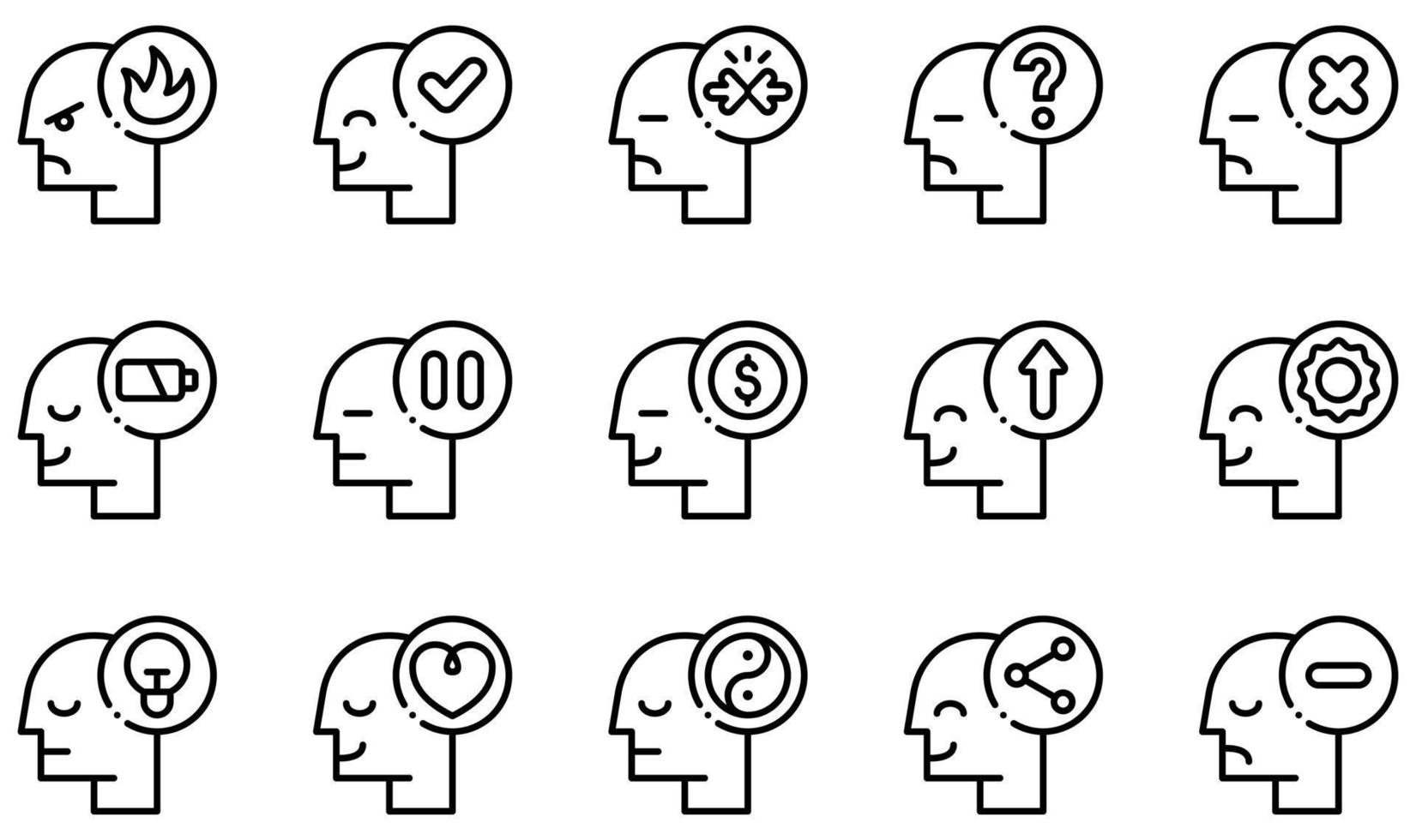 Set of Vector Icons Related to Human Mind. Contains such Icons as Angry, Approved, Conflict, Confused, Disabled, Happiness and more.