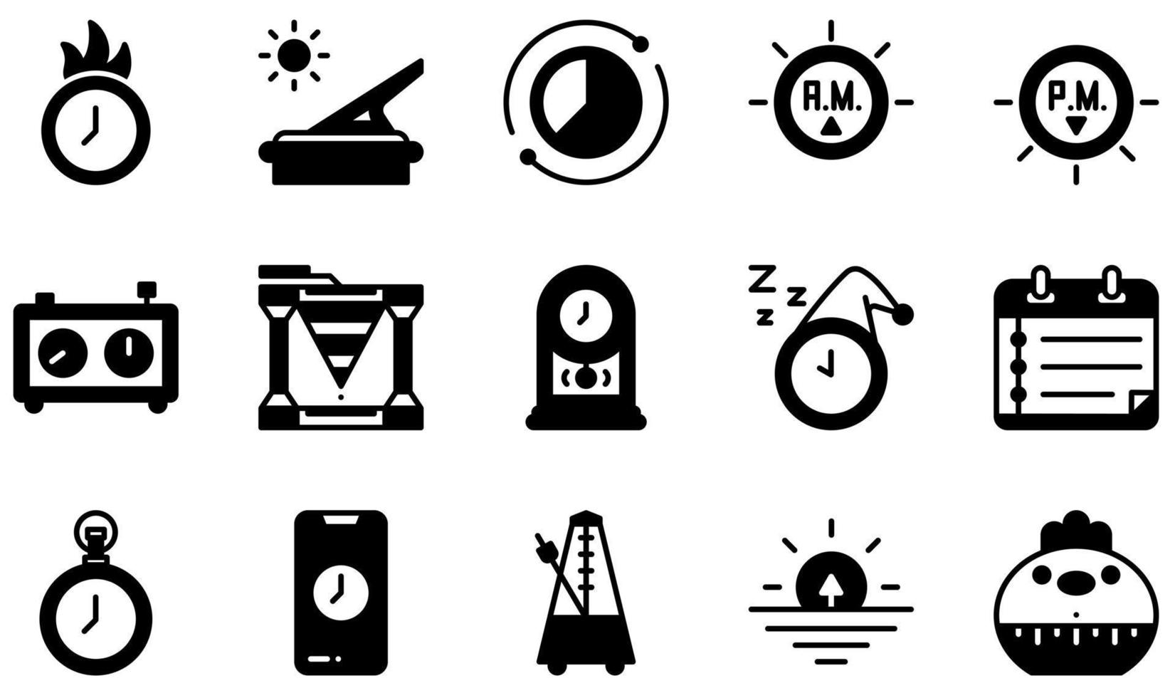 Set of Vector Icons Related to Time. Contains such Icons as Deadline, Sundial, Time Lapse, Chess Clock, Water Clock, Pendulum Clock and more.
