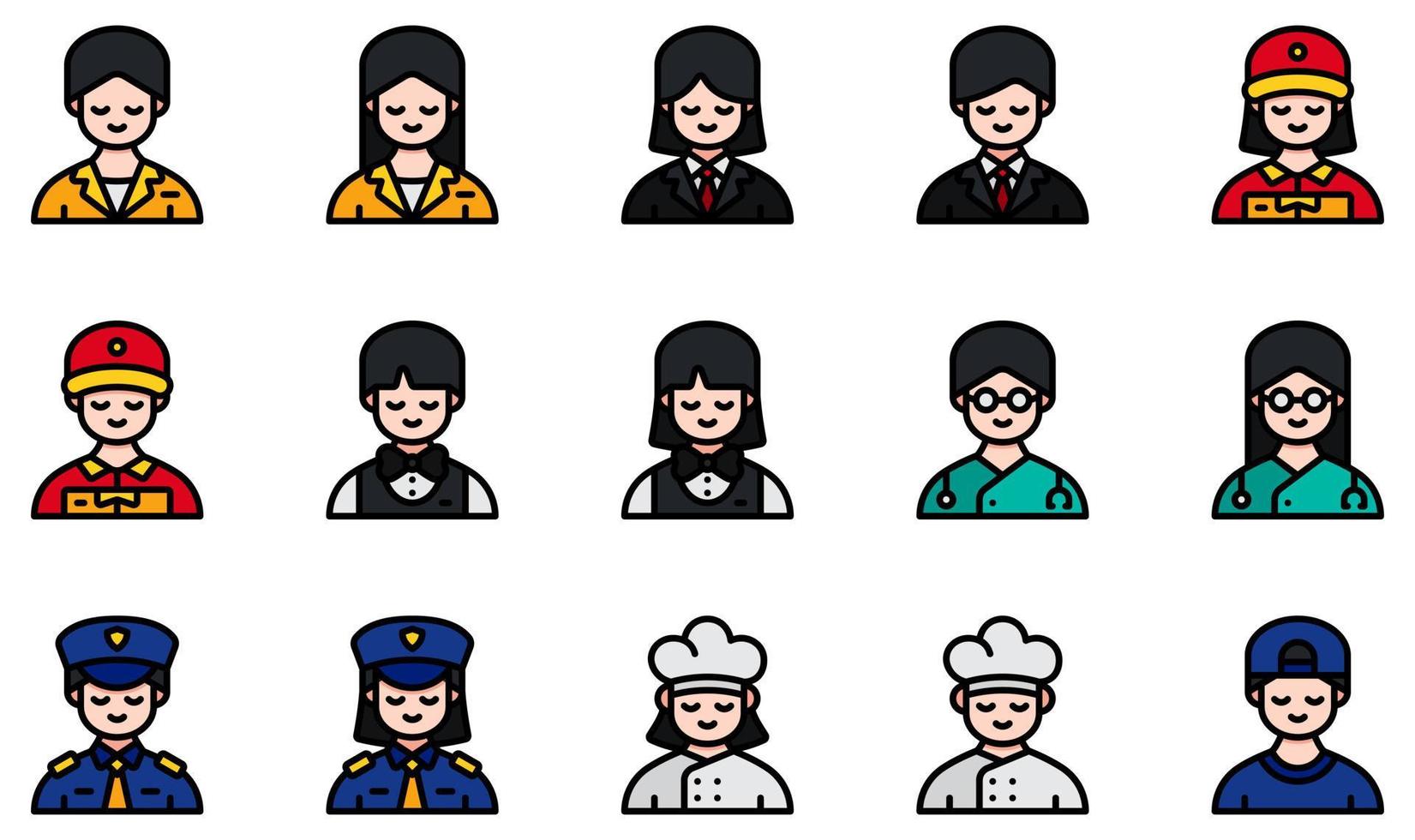 conjunto de iconos vectoriales relacionados con avatares. contiene íconos como recepción, mujer de negocios, cantinero, médico, policía, chef y más. vector