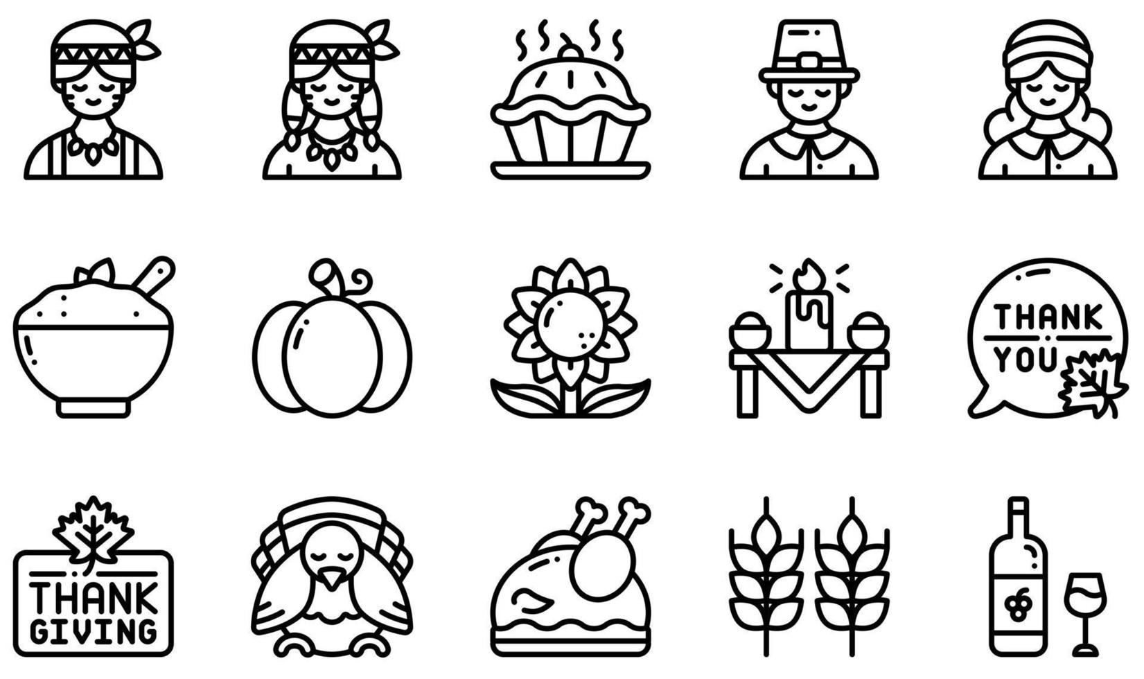 conjunto de iconos vectoriales relacionados con el día de acción de gracias. contiene íconos como pastel, peregrino, nativo americano, calabaza, acción de gracias, pavo y más. vector