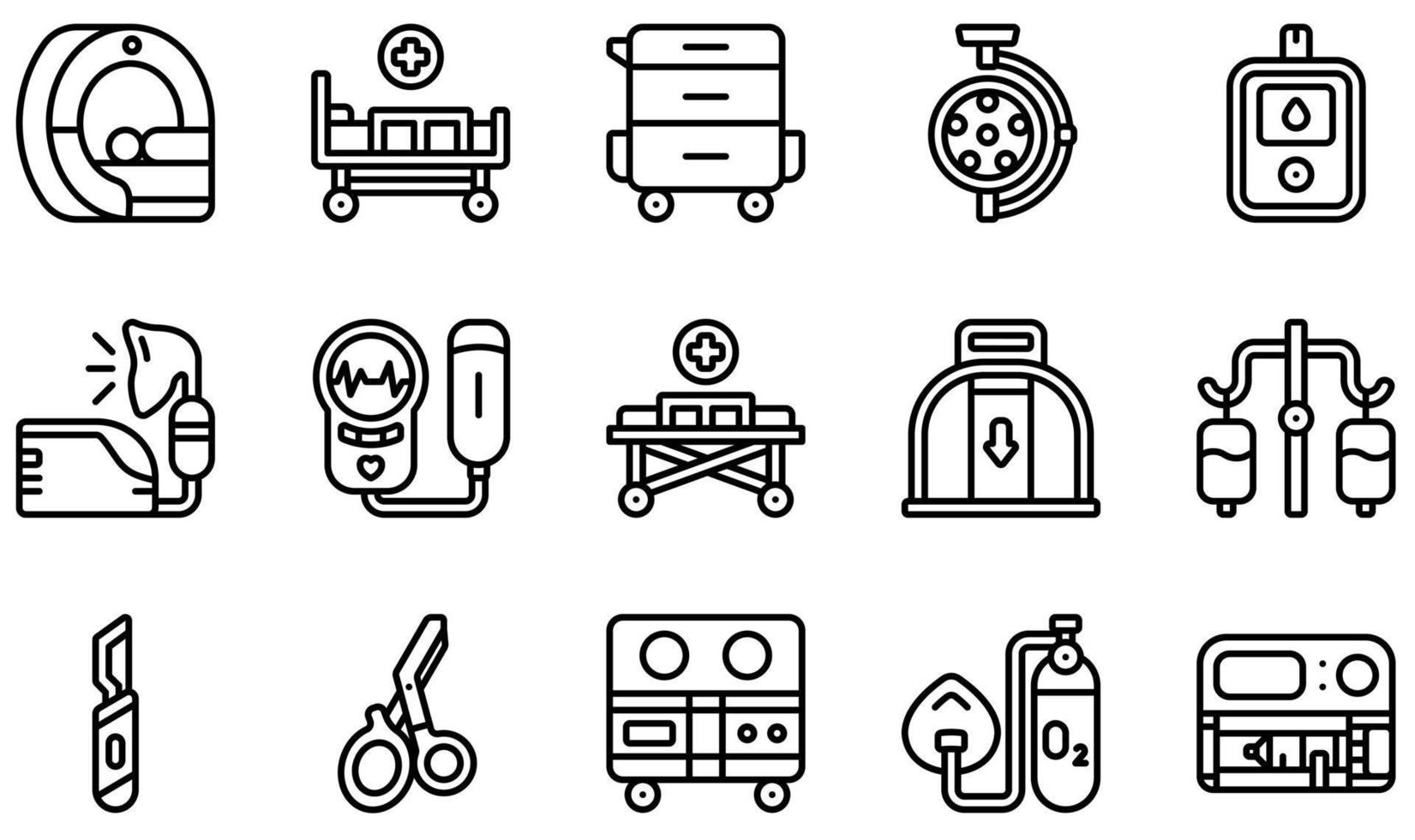 conjunto de iconos vectoriales relacionados con equipos médicos. contiene íconos como resonancia magnética, carro, medidor de glucosa, nebulizador, camilla, bisturí y más. vector