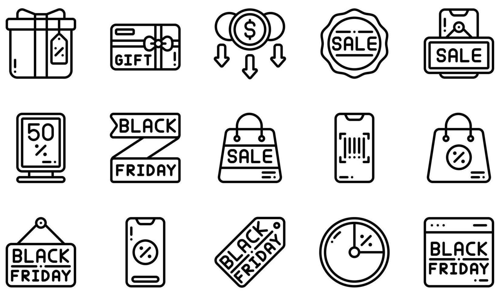 Set of Vector Icons Related to Black Friday. Contains such Icons as Gift Box, Gift Card, Low Price, Online Sale, Online Shop, Sale and more.