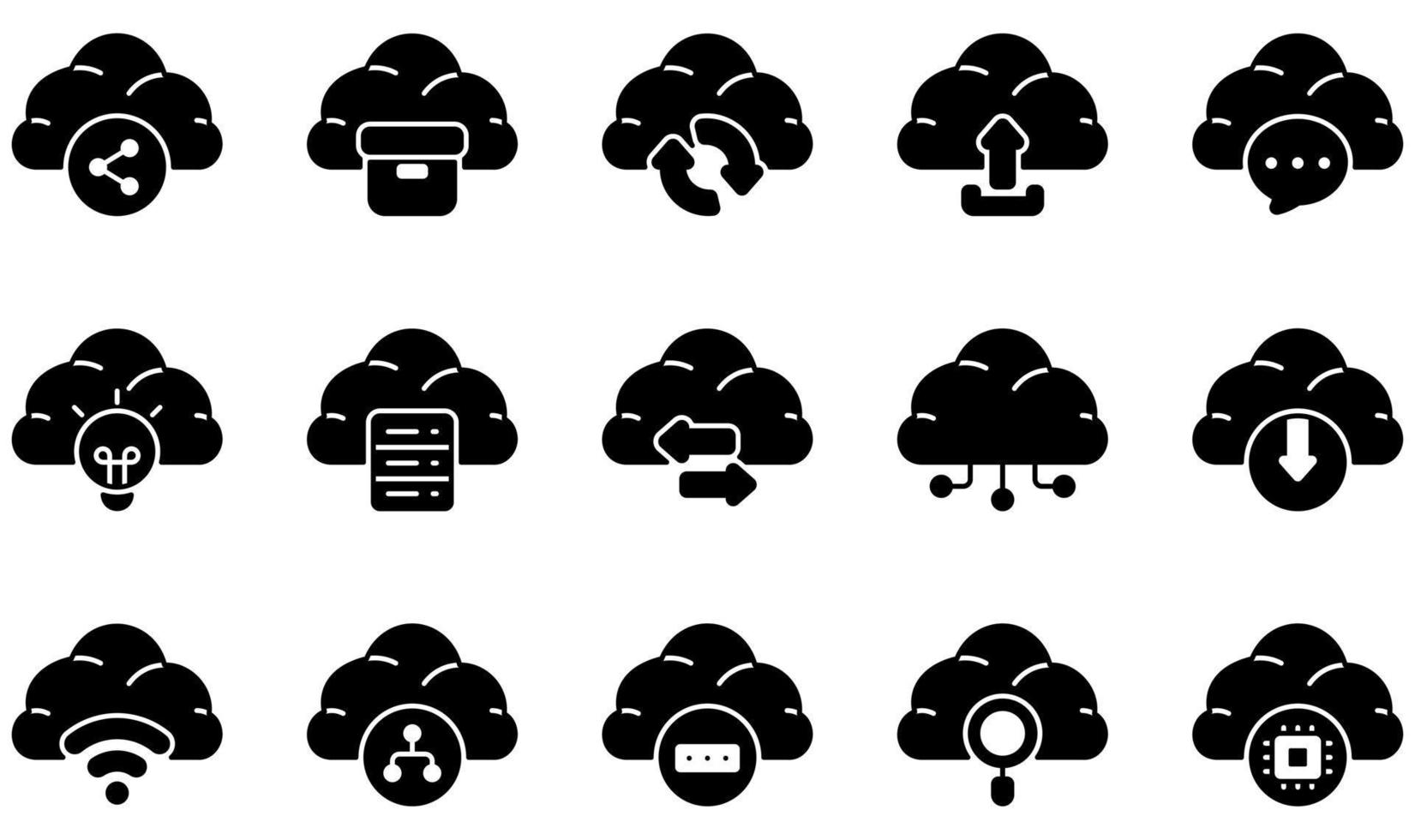 conjunto de iconos vectoriales relacionados con la tecnología de la nube. contiene íconos como configuración, carga en la nube, comunicación, centro de datos, infraestructura, administración y más. vector