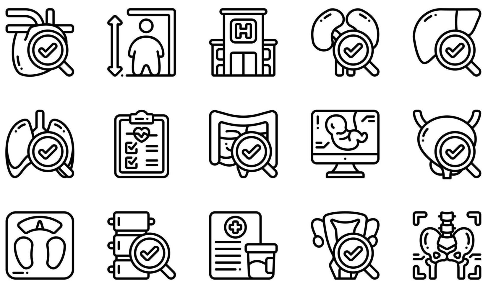 conjunto de iconos vectoriales relacionados con el chequeo de salud. contiene íconos como altura, hospital, informe médico, ultrasonido, muestra de orina, rayos X y más. vector