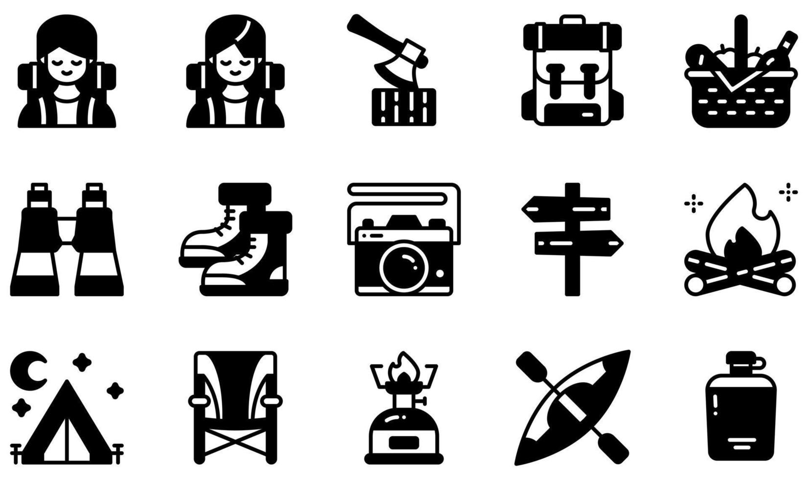 Set of Vector Icons Related to Camping. Contains such Icons as Adventurer, Axe, Backpack, Basket, Boots, Campfire and more.