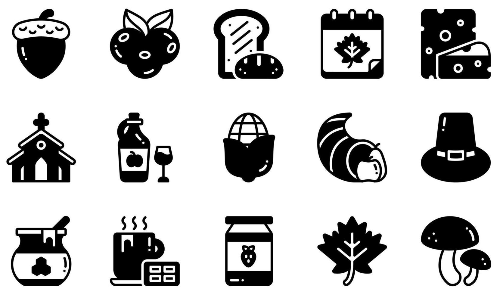 Set of Vector Icons Related to Thanksgiving . Contains such Icons as Acorn, Berries, Cheese, Church, Cornucopia, Honey and more.