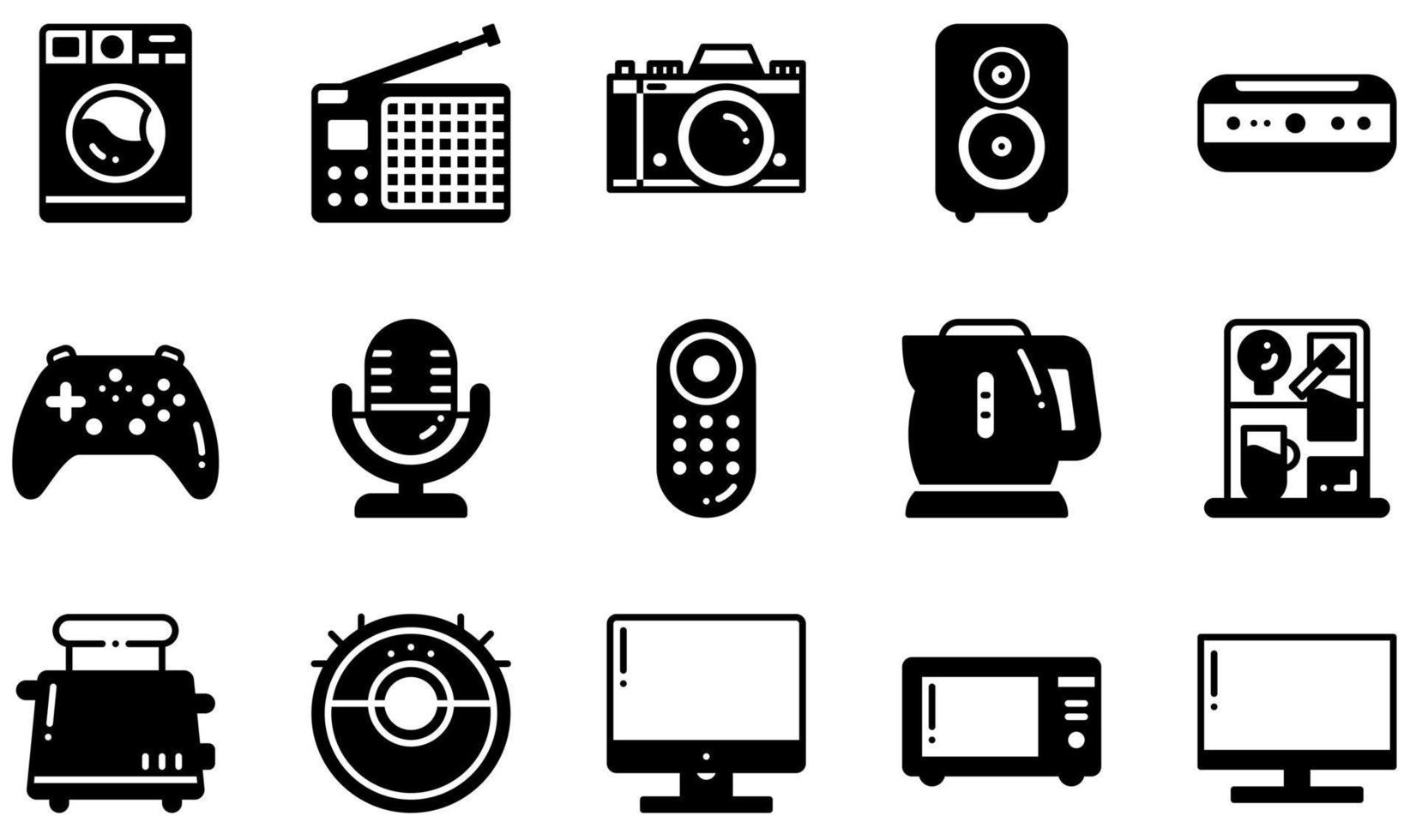 conjunto de iconos vectoriales relacionados con dispositivos electrónicos. contiene íconos como impresora, proyector, radio, teléfono inteligente, tostadora, lavadora y más. vector