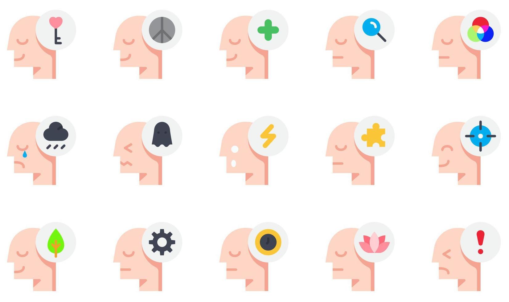 Set of Vector Icons Related to Human Mind. Contains such Icons as Open Mind, Positive, Sadness, Scared, Shocked, Time and more.