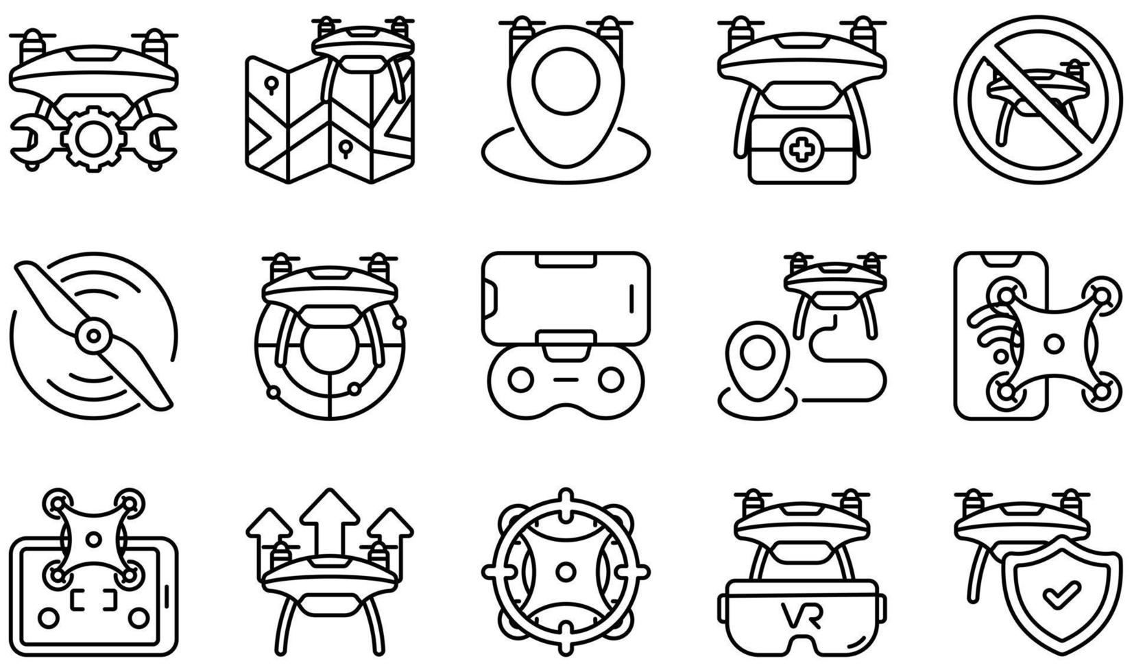 conjunto de iconos vectoriales relacionados con drones. contiene íconos como mantenimiento, mapa, médico, hélice, radar, realidad virtual y más. vector