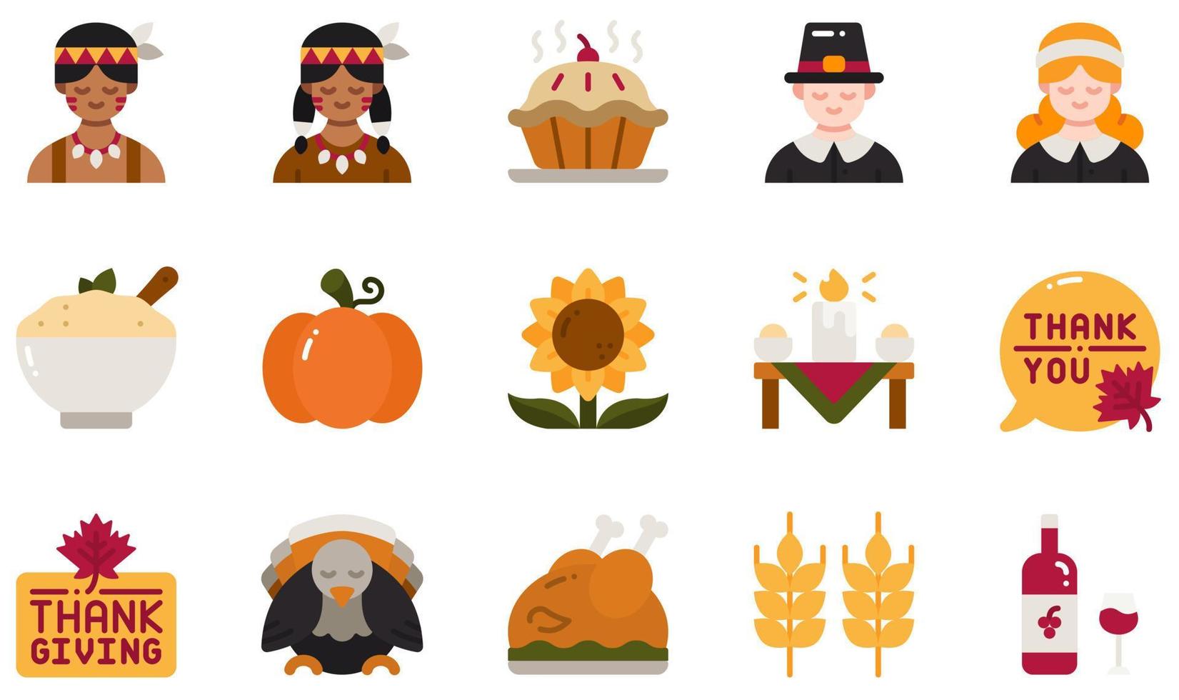 Set of Vector Icons Related to Thanksgiving . Contains such Icons as Pie, Pilgrim, Native American, Pumpkin, Thanksgiving, Turkey and more.