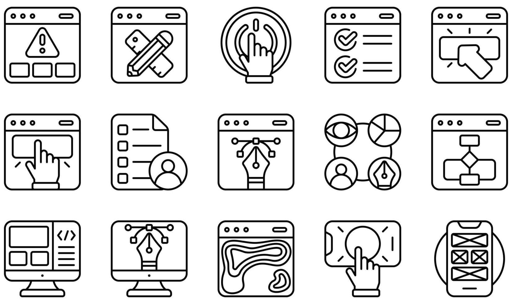 Set of Vector Icons Related to UX And UI. Contains such Icons as Alert, Checkbox, Click, Design, Flowchart, Interactive and more.