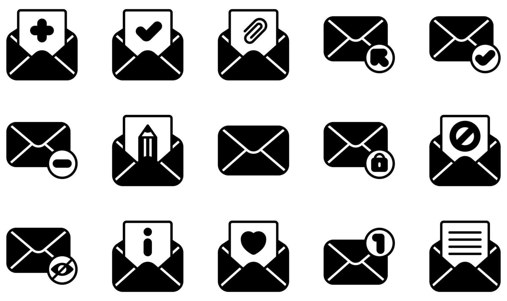 conjunto de iconos vectoriales relacionados con el correo electrónico. contiene íconos como agregar, aprobar, arroba, hacer clic, completar, eliminar y más. vector