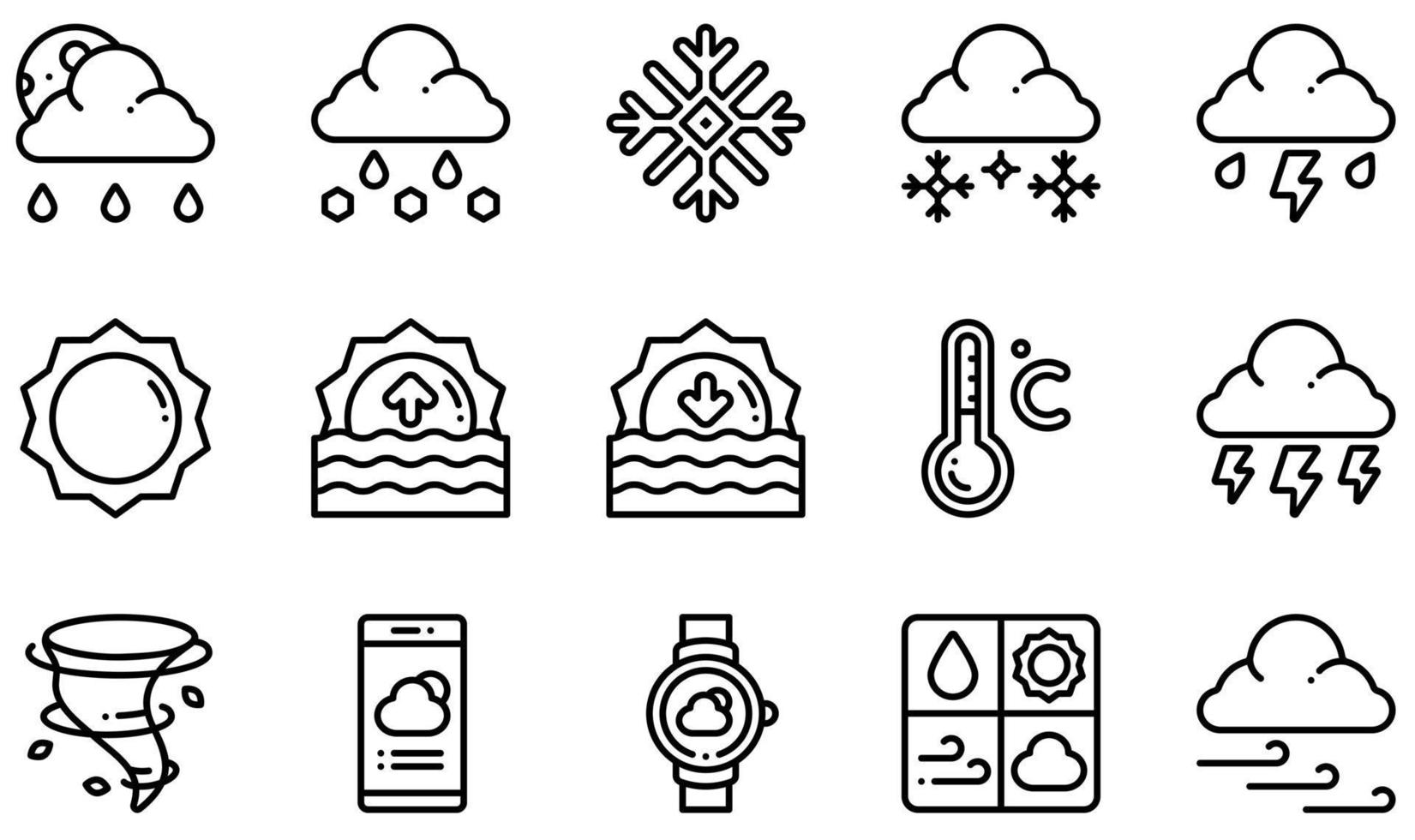 conjunto de iconos vectoriales relacionados con el clima. contiene íconos como aguanieve, nieve, tormenta, amanecer, atardecer, tormenta eléctrica y más. vector