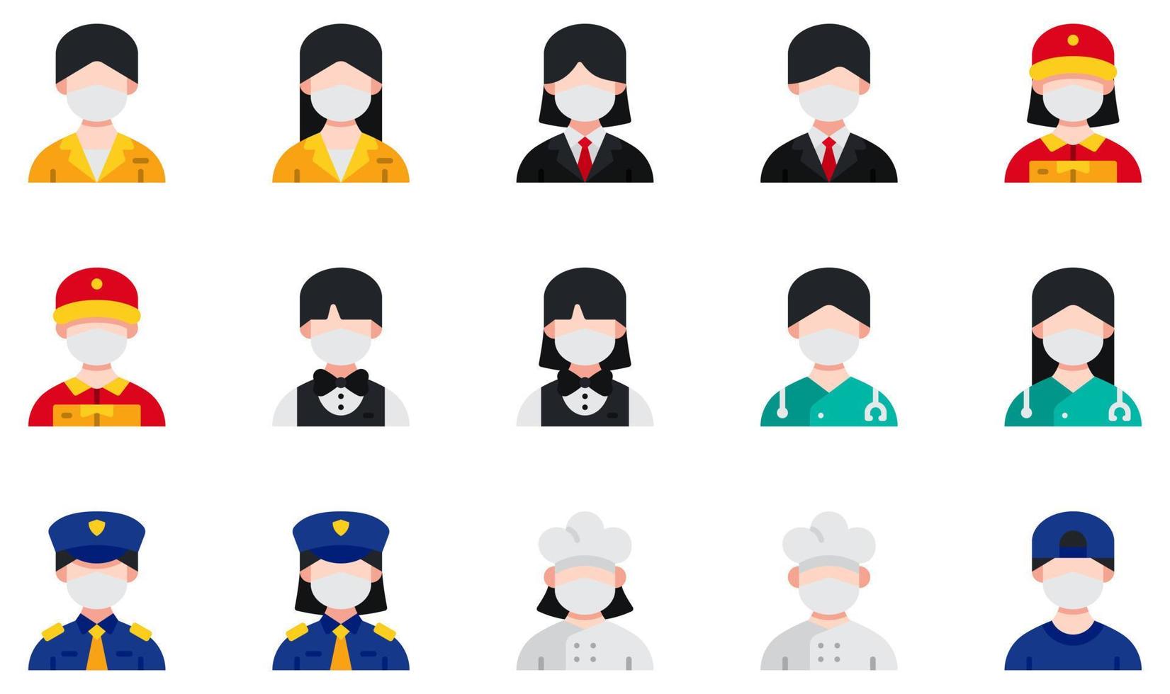 conjunto de iconos vectoriales relacionados con avatares con máscaras médicas. contiene íconos como recepción, hombre de negocios, repartidor, cantinero, médico, policía y más. vector