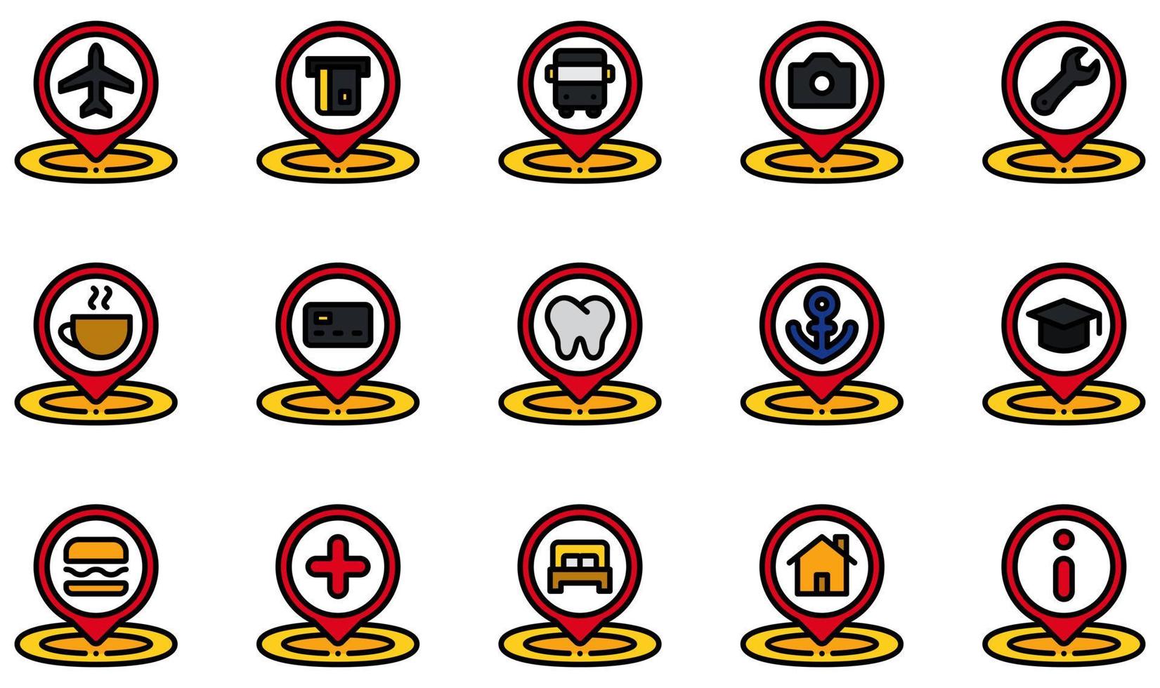 Set of Vector Icons Related to Placeholder. Contains such Icons as Airport, Atm, Bus Stop, Coffee, Dentist, Education and more.