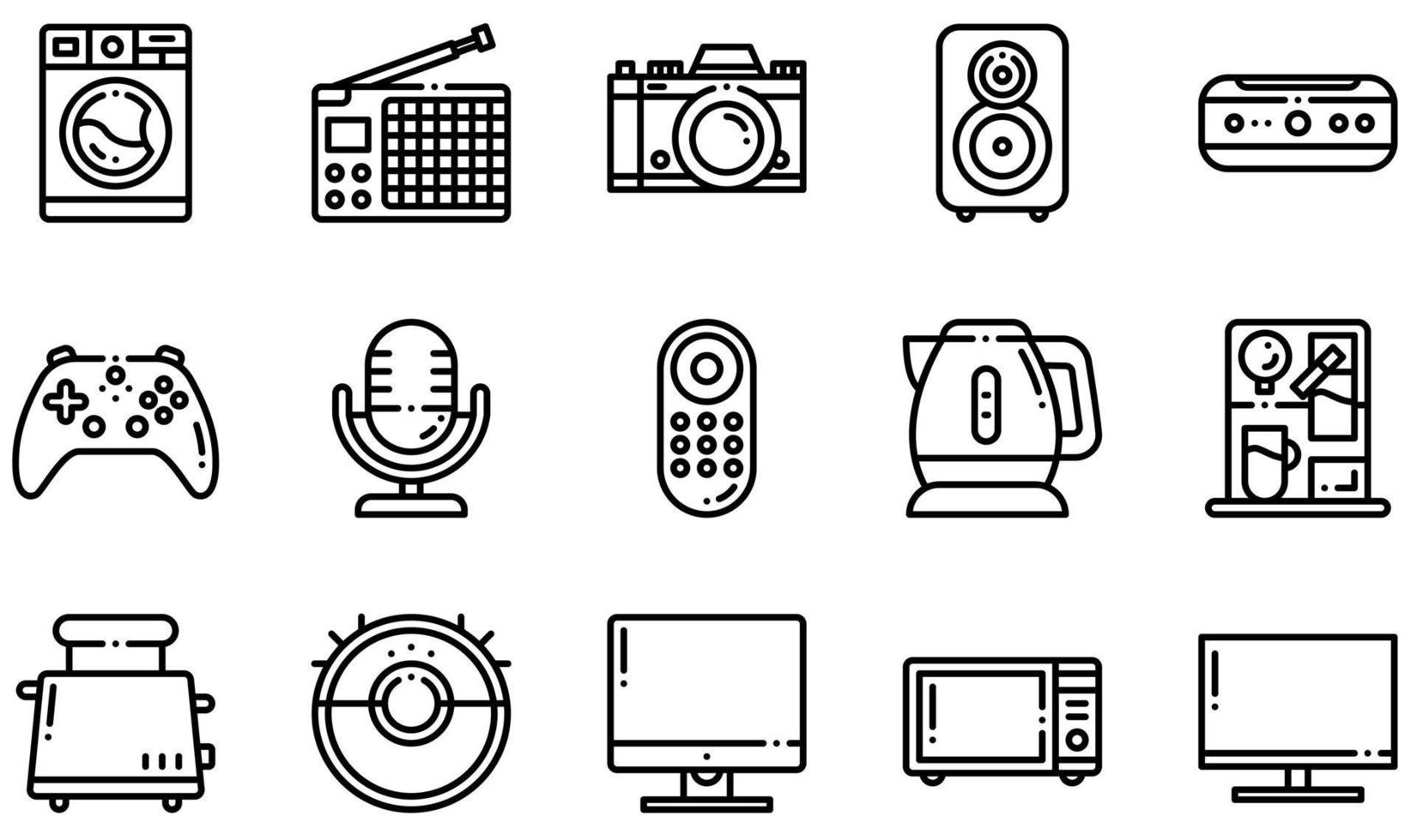 conjunto de iconos vectoriales relacionados con dispositivos electrónicos. contiene íconos como impresora, proyector, radio, teléfono inteligente, tostadora, lavadora y más. vector