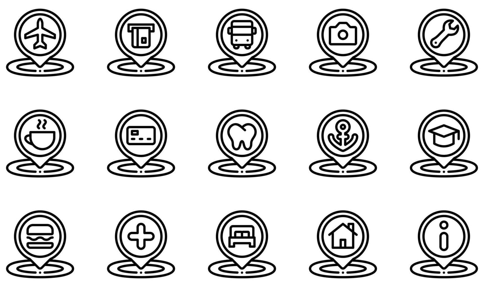 Set of Vector Icons Related to Placeholder. Contains such Icons as Airport, Atm, Bus Stop, Coffee, Dentist, Education and more.