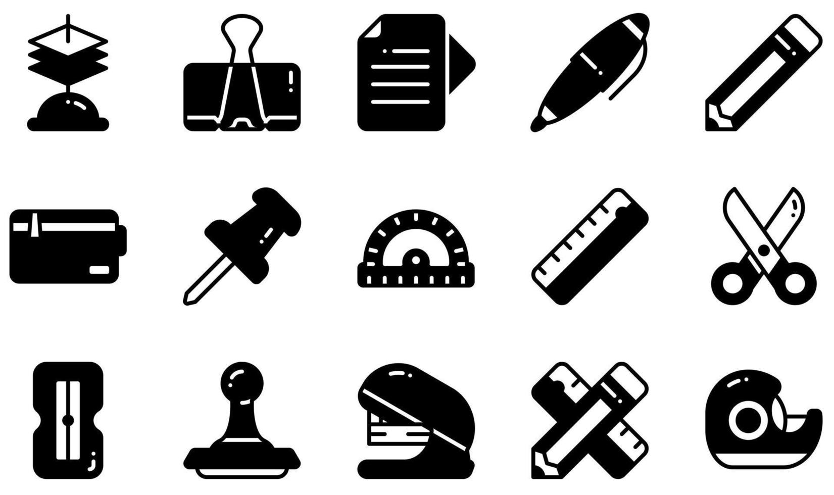 conjunto de iconos vectoriales relacionados con papelería. contiene íconos como portapapeles, clip, bolígrafo, lápiz, estuche, regla y más. vector