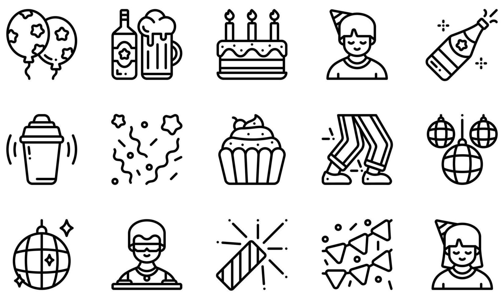 conjunto de iconos vectoriales relacionados con la fiesta. contiene íconos como globos, pastel de cumpleaños, champán, confeti, discoteca, guirnaldas y más. vector