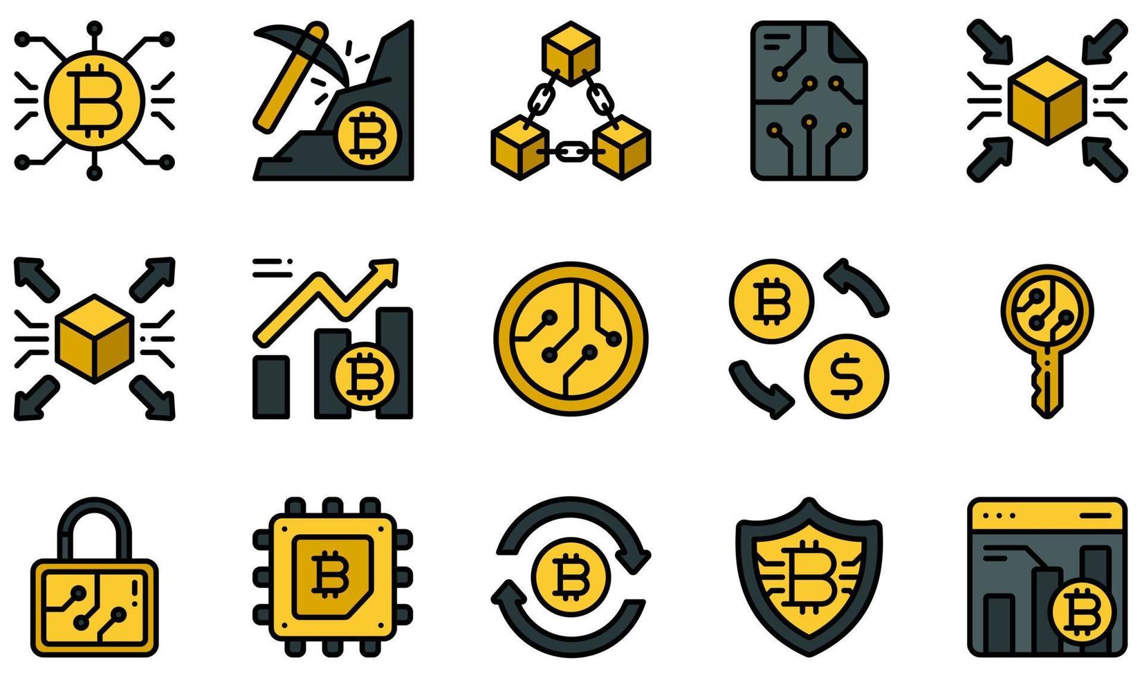 conjunto de iconos vectoriales relacionados con la criptomoneda. contiene íconos como criptomoneda, minería, blockchain, contratos inteligentes, centralizados, descentralizados y más. vector