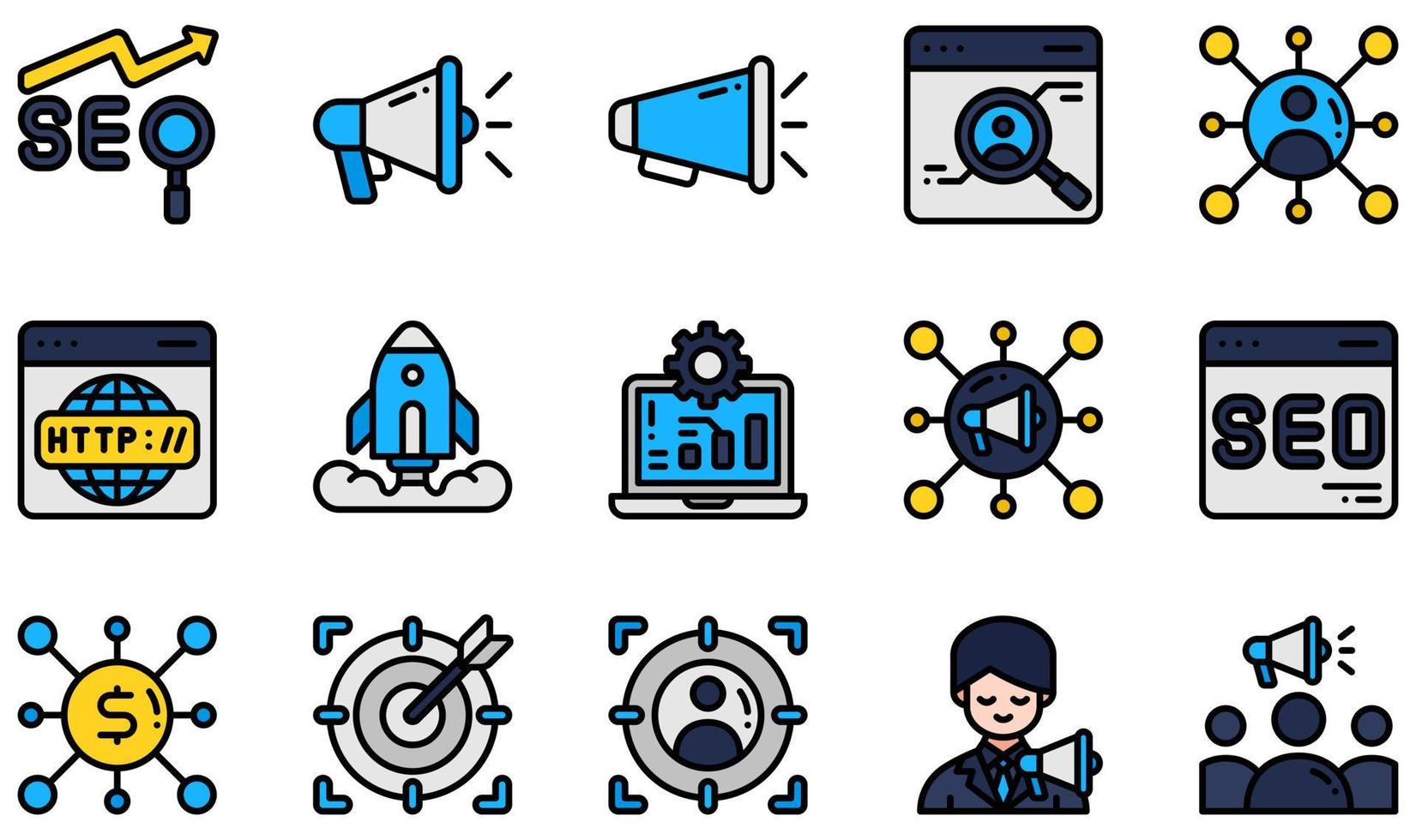 conjunto de iconos vectoriales relacionados con seo y marketing. contiene íconos como seo, megáfono, megáfono, redes sociales, sitio web, marketing social y más. vector