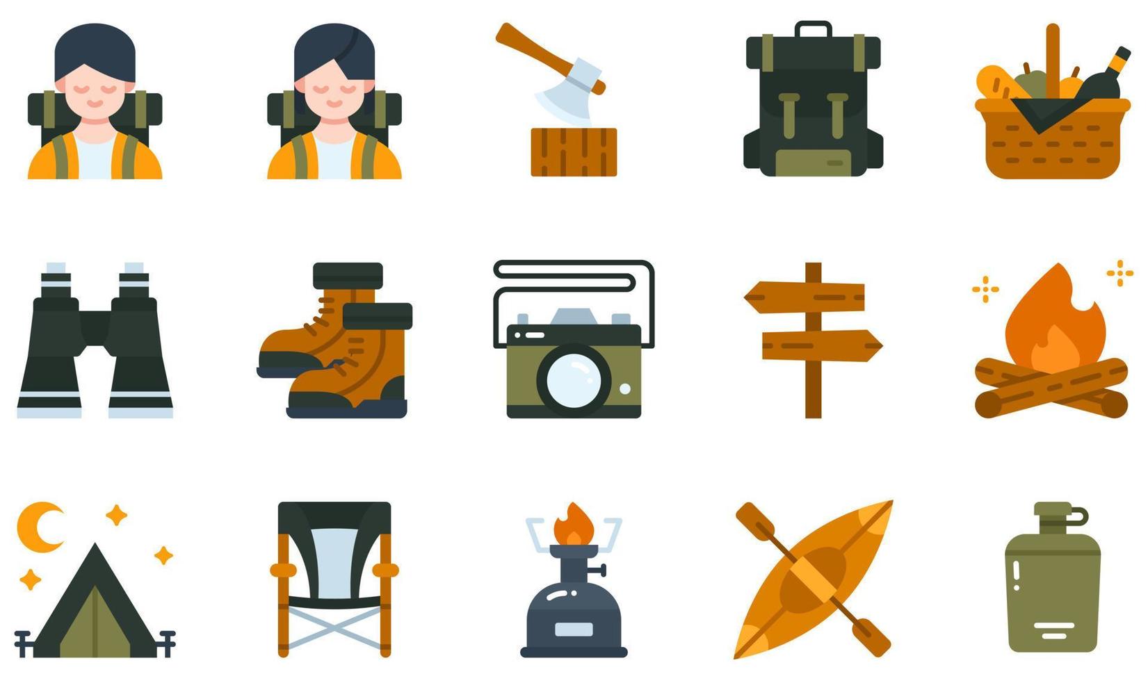 conjunto de iconos vectoriales relacionados con el camping. contiene íconos como aventurero, hacha, mochila, canasta, botas, fogata y más. vector