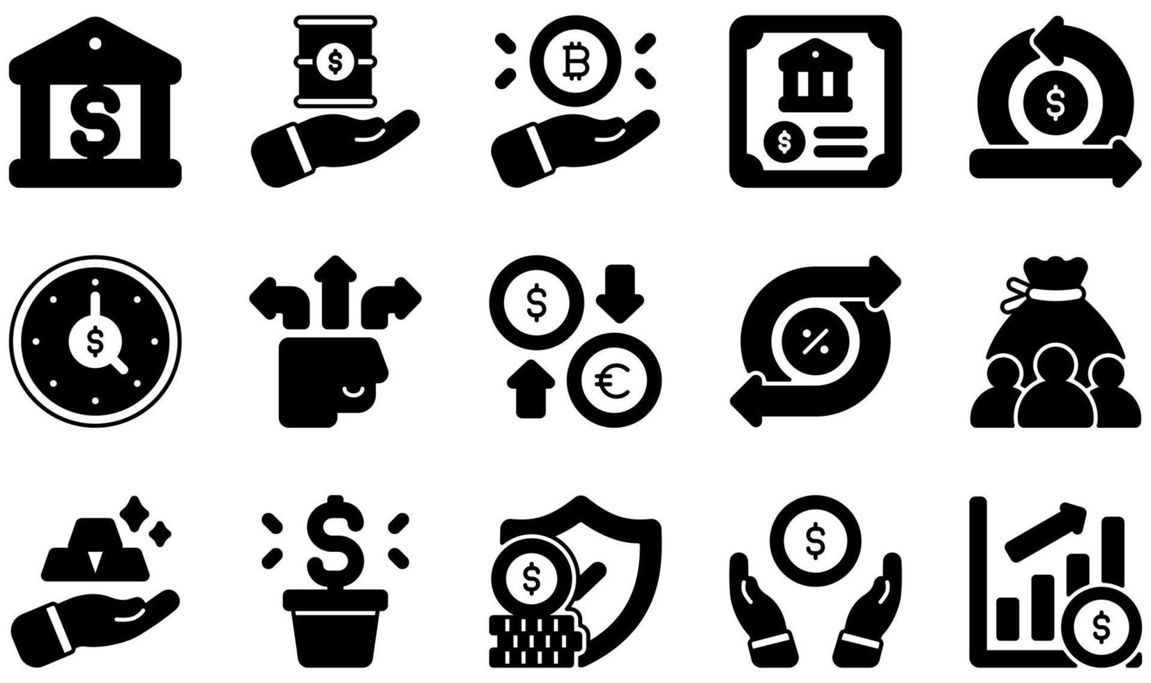 Set of Vector Icons Related to Investment. Contains such Icons as Banking, Barrel, Bitcoin, Bond, Cash Flow, Clock and more.