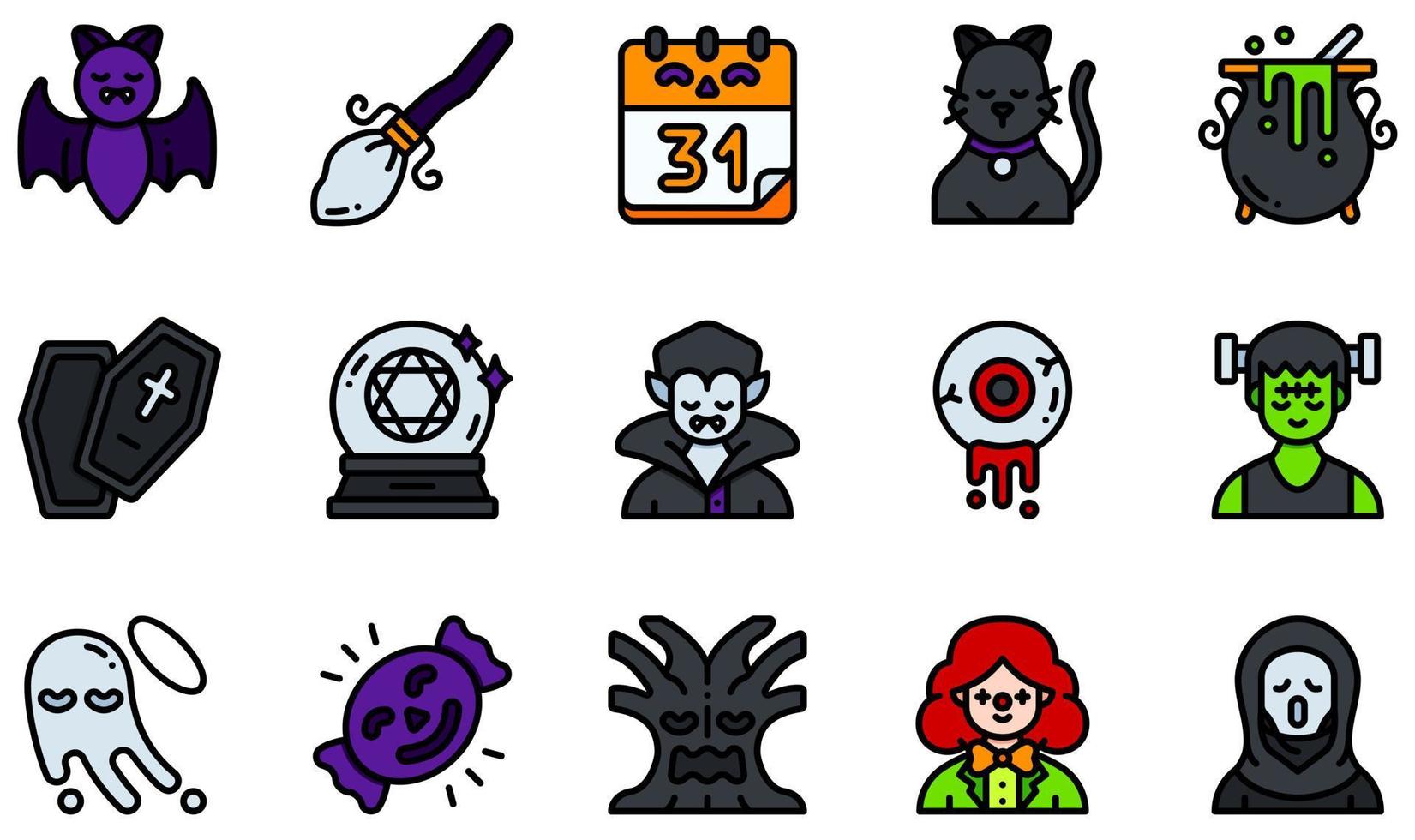 conjunto de iconos vectoriales relacionados con halloween. contiene íconos como murciélago, escoba, gato, ataúd, bola de cristal, fantasma y más. vector