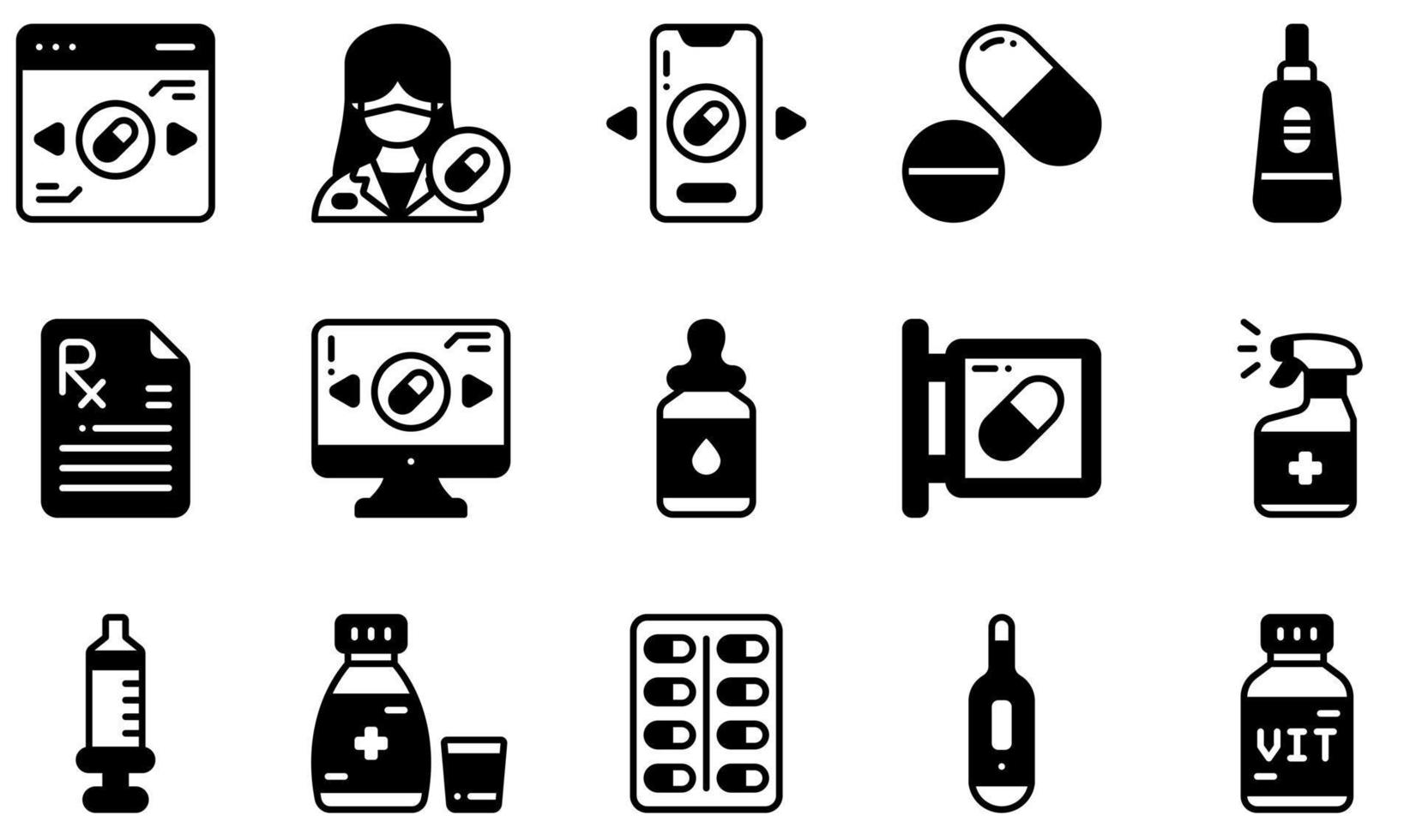 Set of Vector Icons Related to Pharmacy. Contains such Icons as Online Pharmacy, Pills, Pregnancy, Online Pharmacy, Serum, Spray and more.