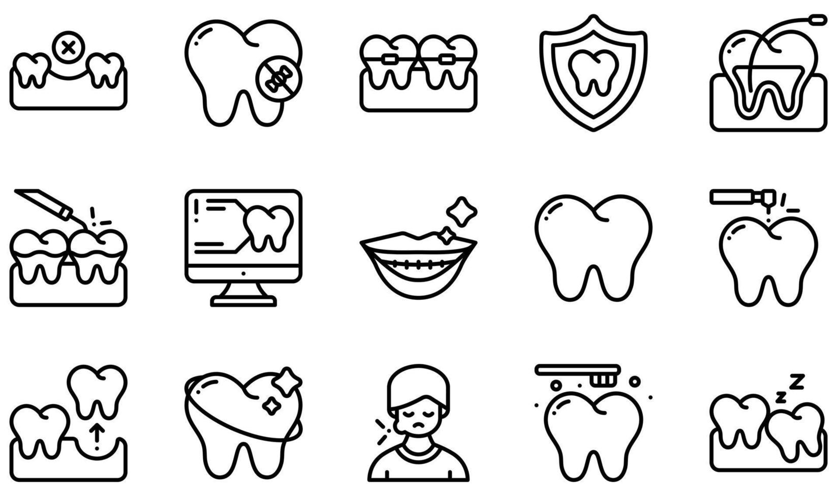 conjunto de iconos vectoriales relacionados con la odontología. contiene íconos como perdidos, sin dulce, ortodoncia, escalado, escaneo, diente y más. vector