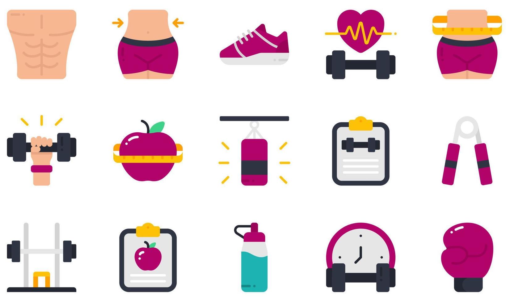 conjunto de iconos vectoriales relacionados con la aptitud. contiene íconos como six pack, cintura, cintura, mancuerna, bolsa de boxeo, bolsa de boxeo y más. vector